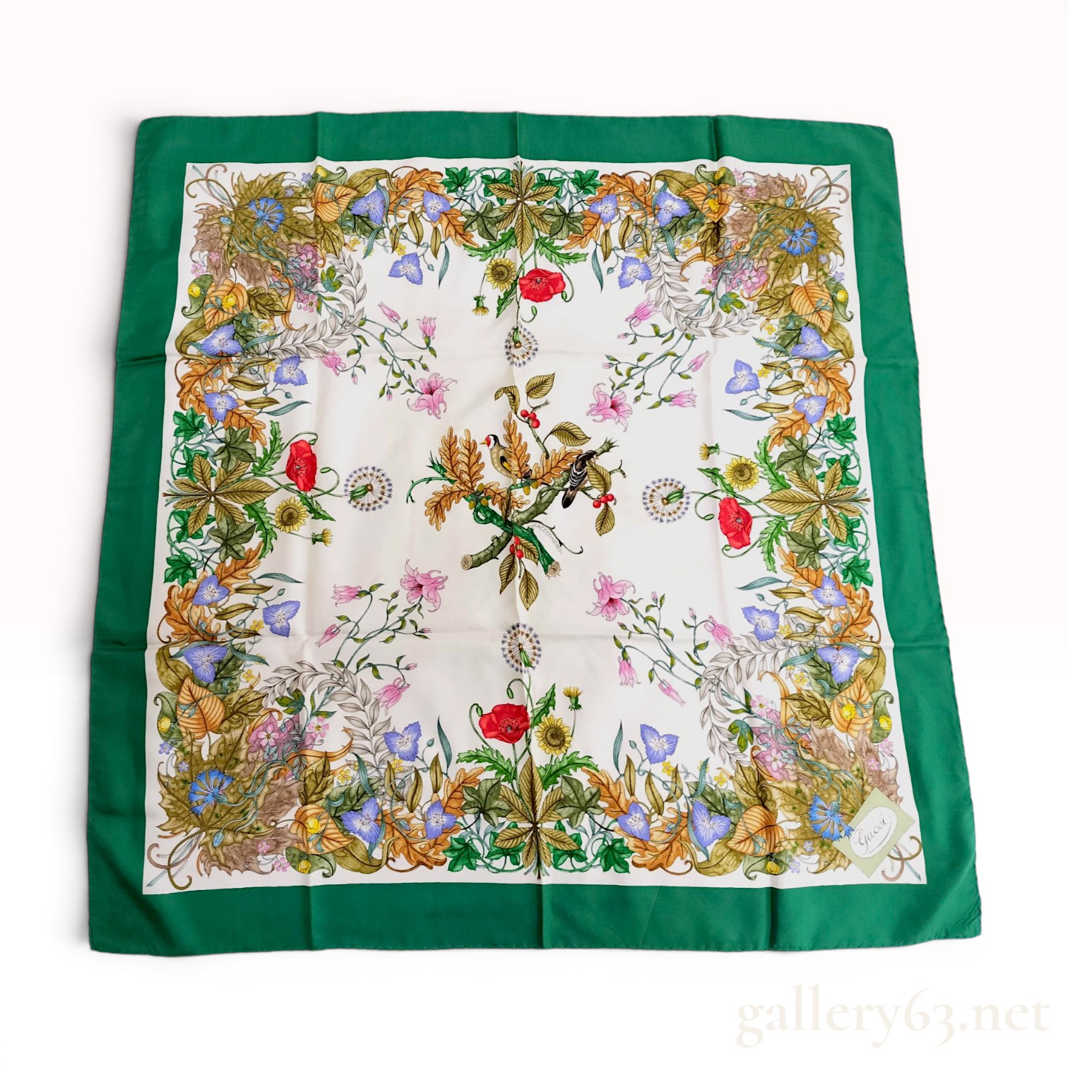Gucci Vittorio Accornero Flora Pattern Silk Scarf with Green Border