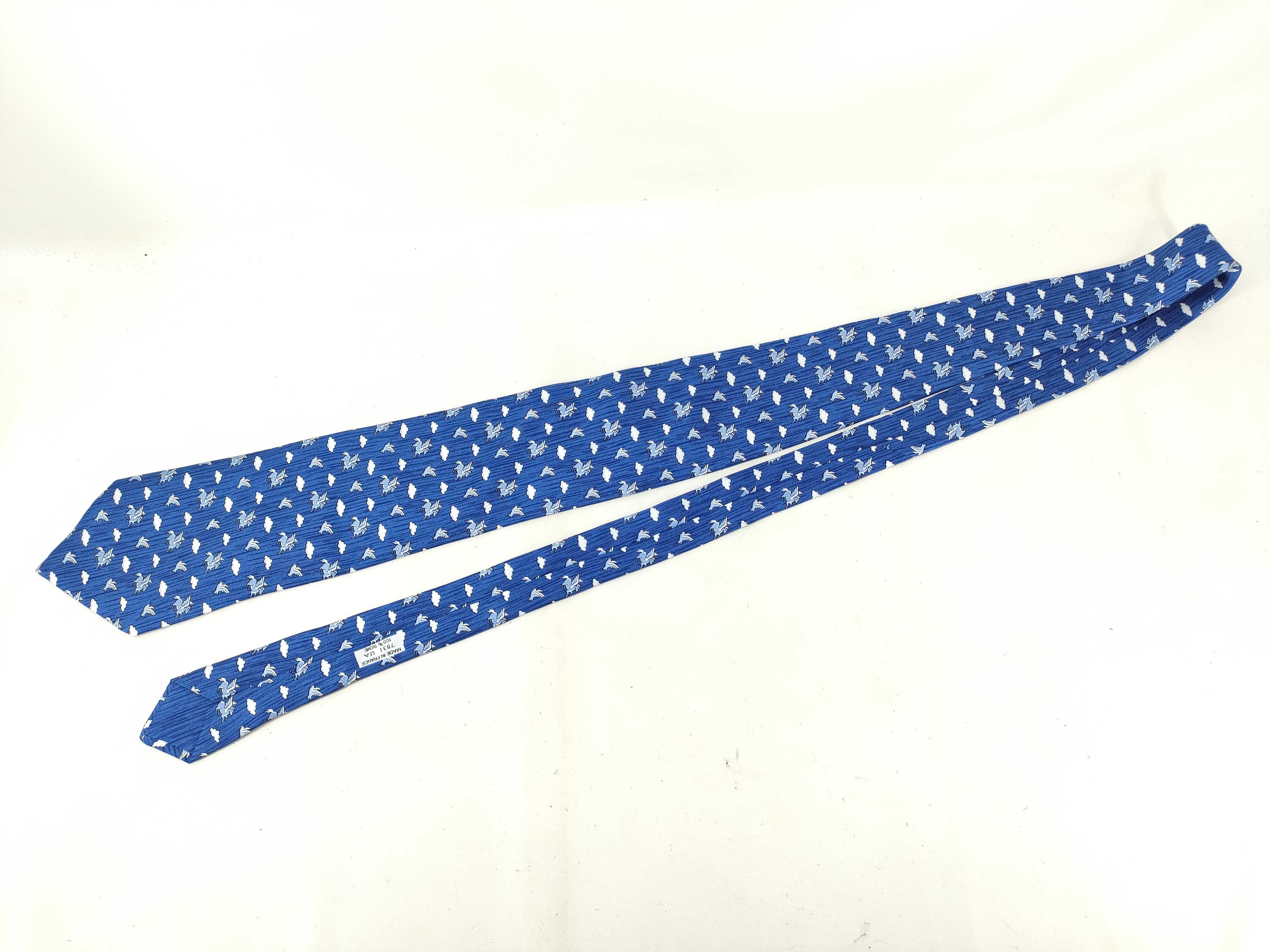 Hermes Blue Silk Pegasus and Dove Pattern Necktie