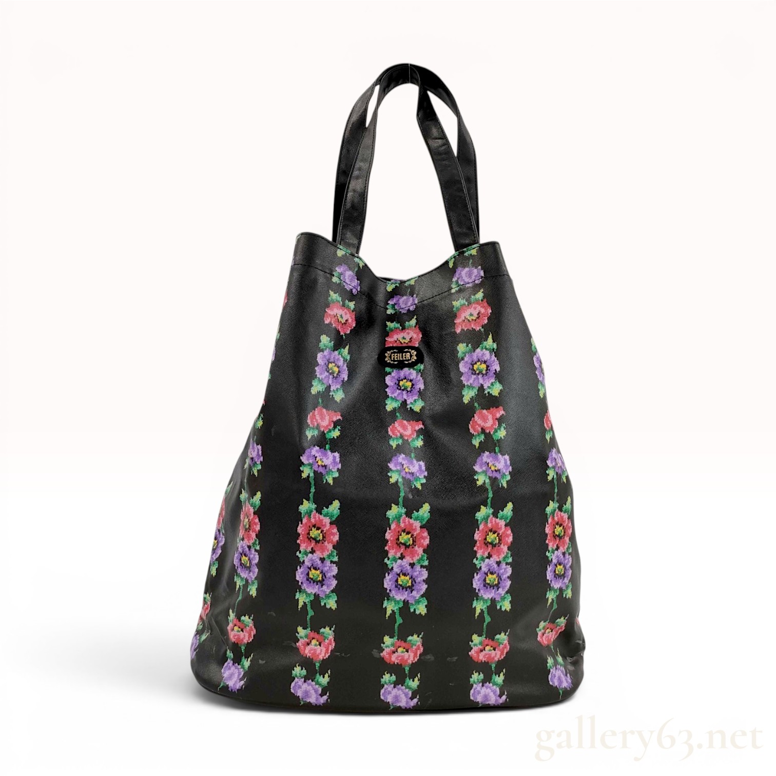 Feiler Germany Black Coated Canvas Floral Stripe Tote Bag