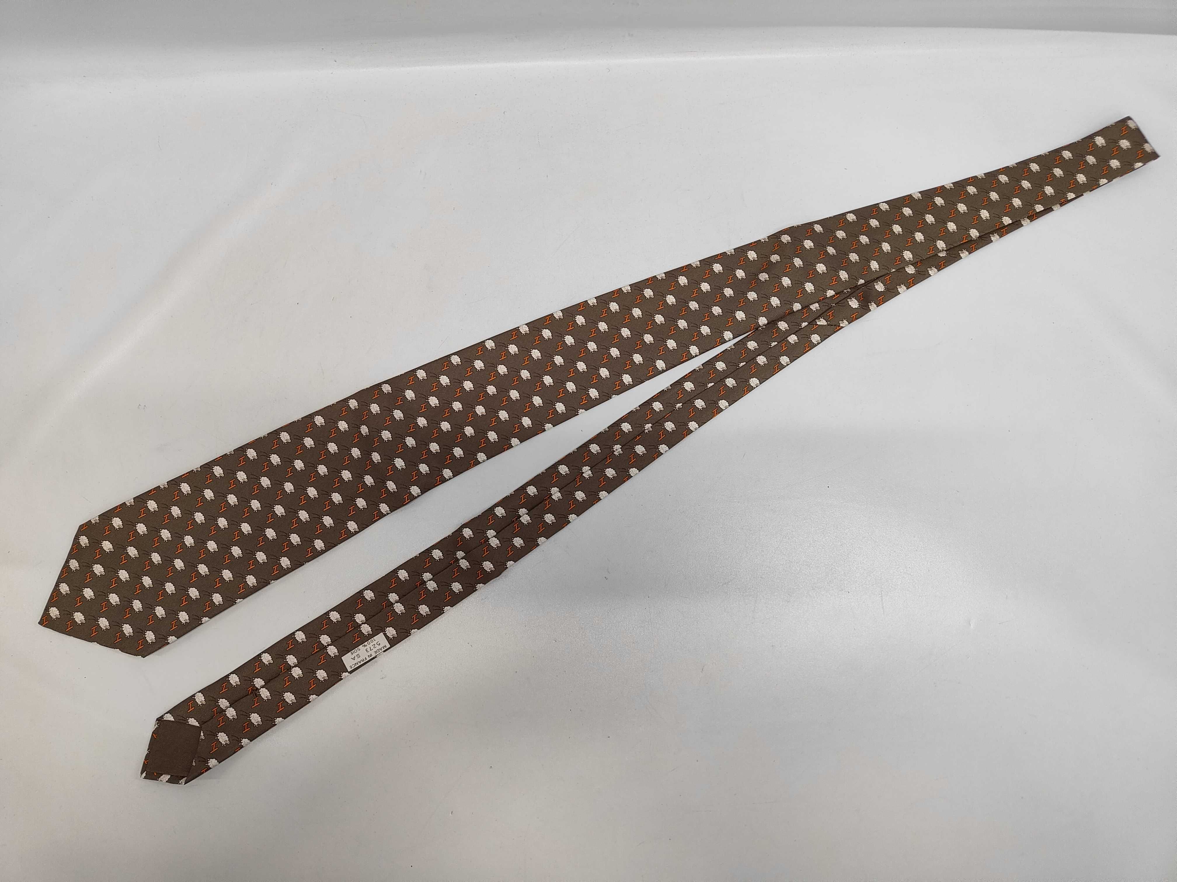 Hermes Taupe Silk Necktie with Sheep and H Logo Pattern