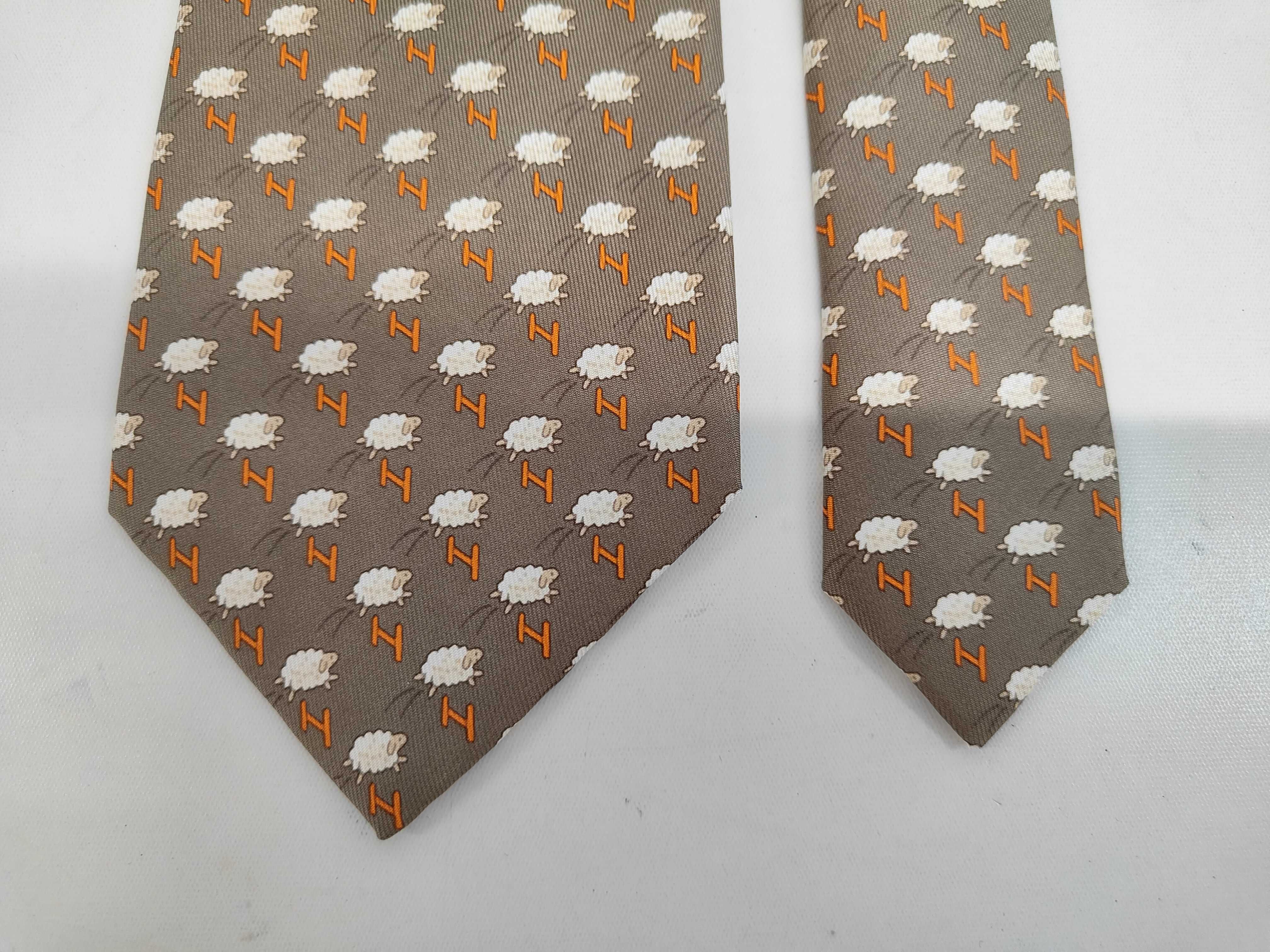 Hermes Taupe Silk Necktie with Sheep and H Logo Pattern