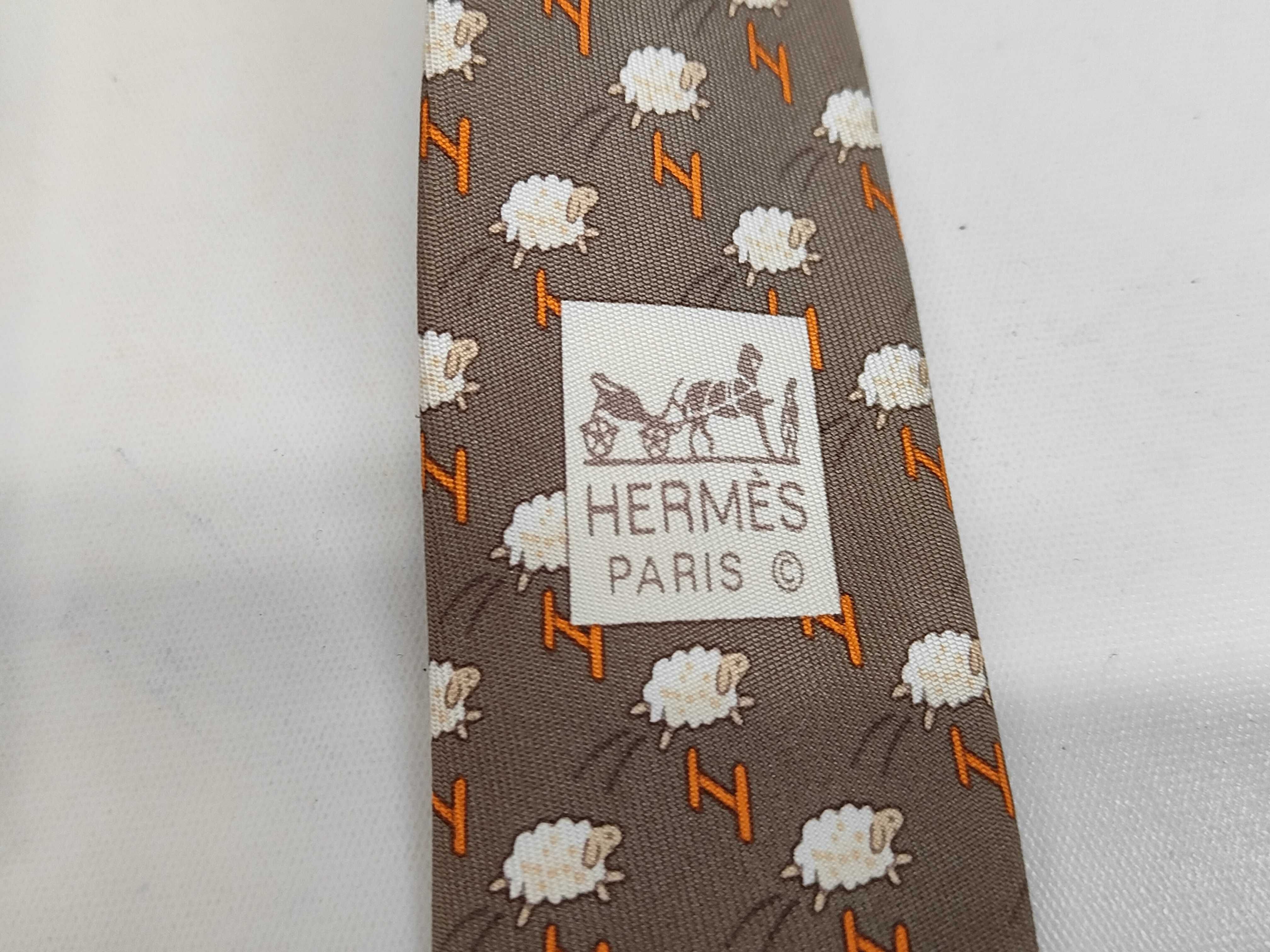 Hermes Taupe Silk Necktie with Sheep and H Logo Pattern