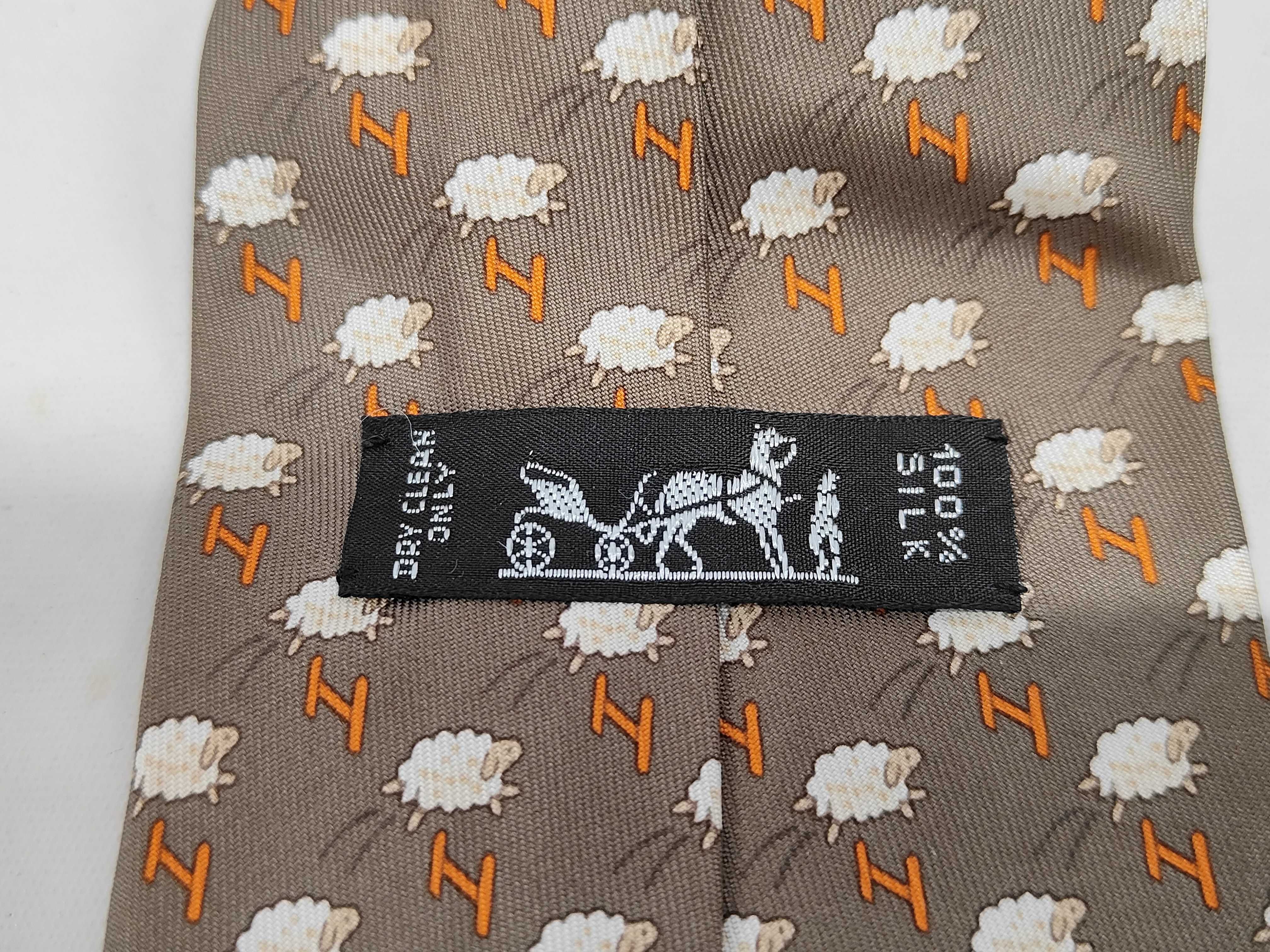 Hermes Taupe Silk Necktie with Sheep and H Logo Pattern