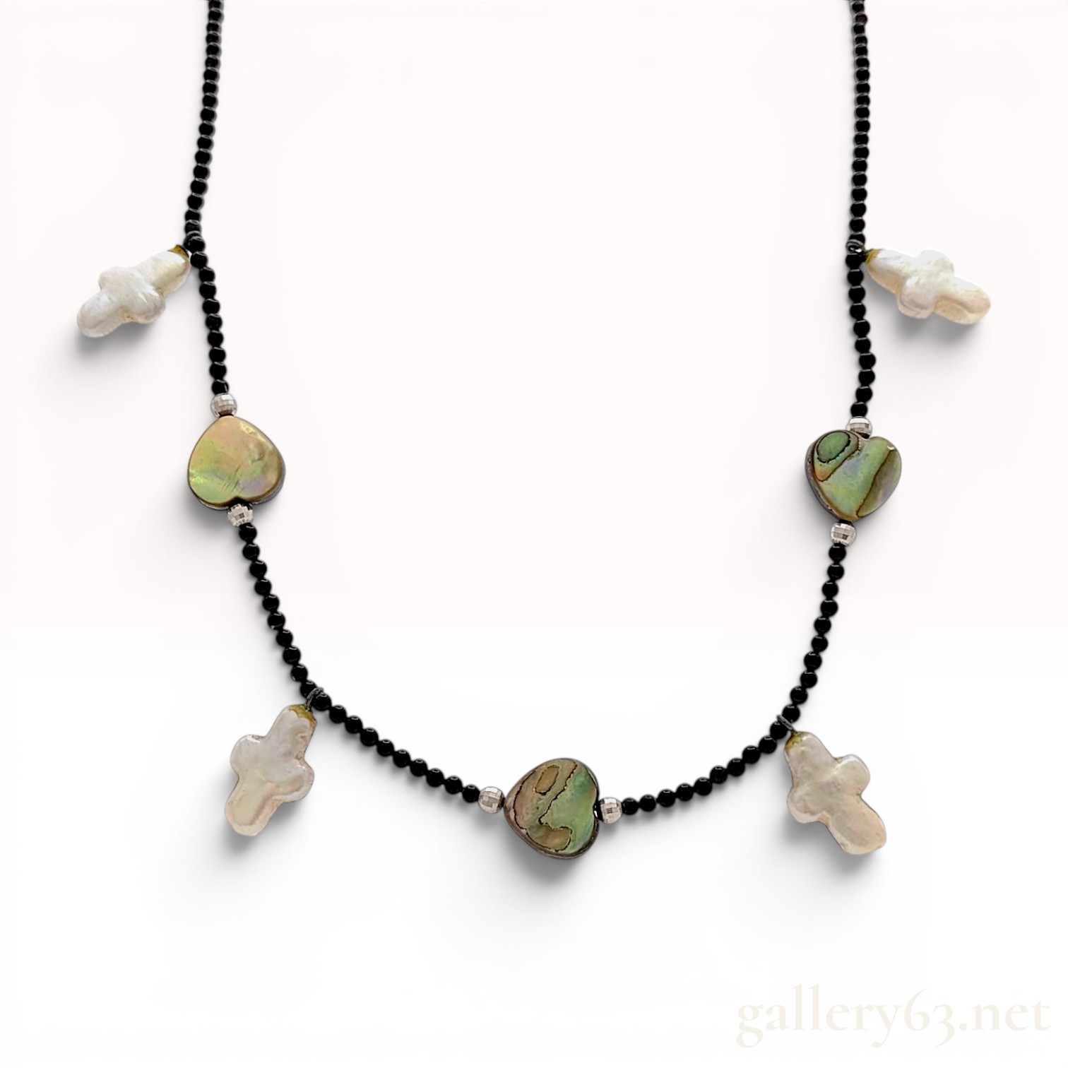 18K White Gold Abalone Heart and Baroque Pearl Cross Bead Necklace