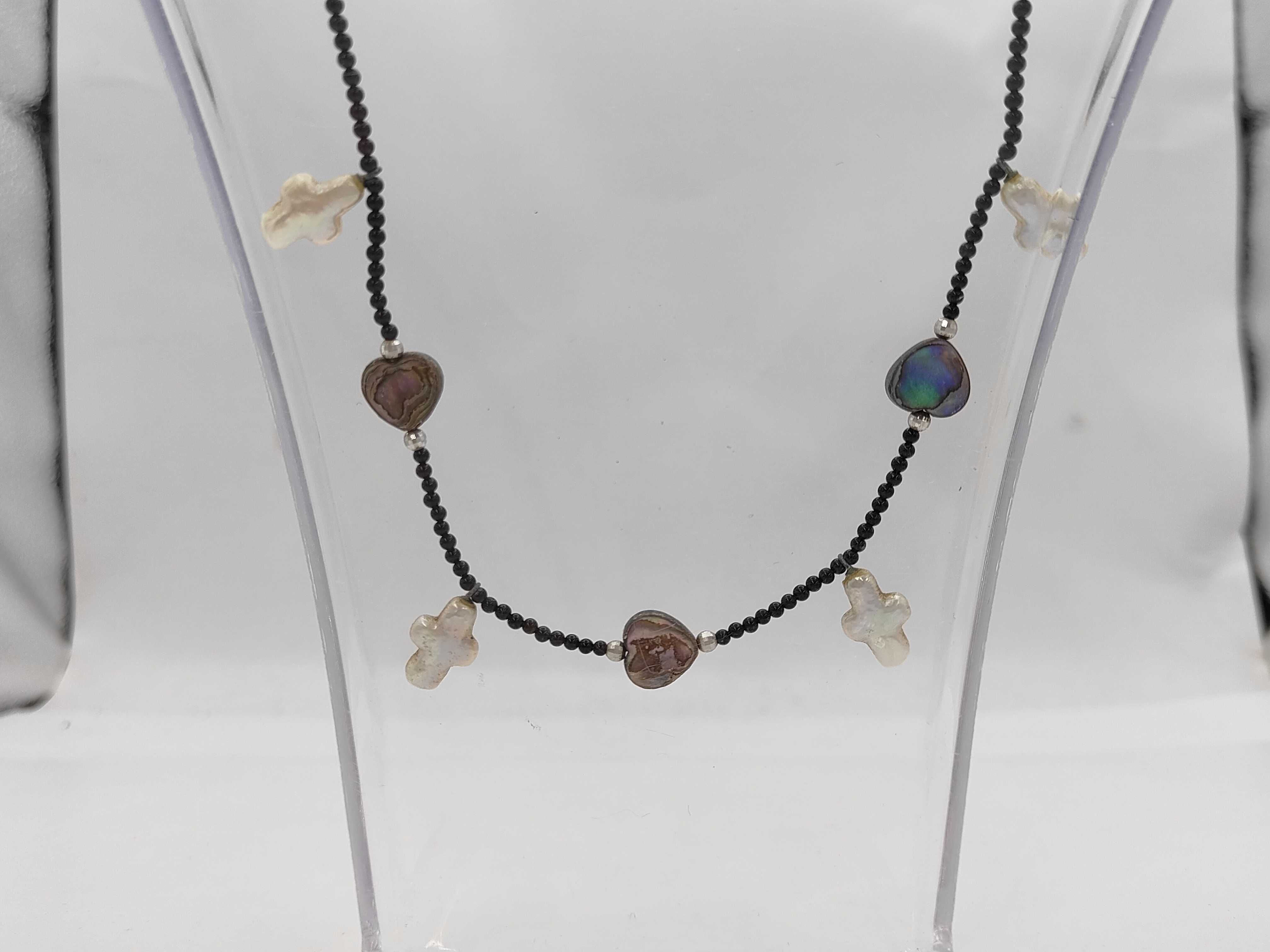 18K White Gold Abalone Heart and Baroque Pearl Cross Bead Necklace