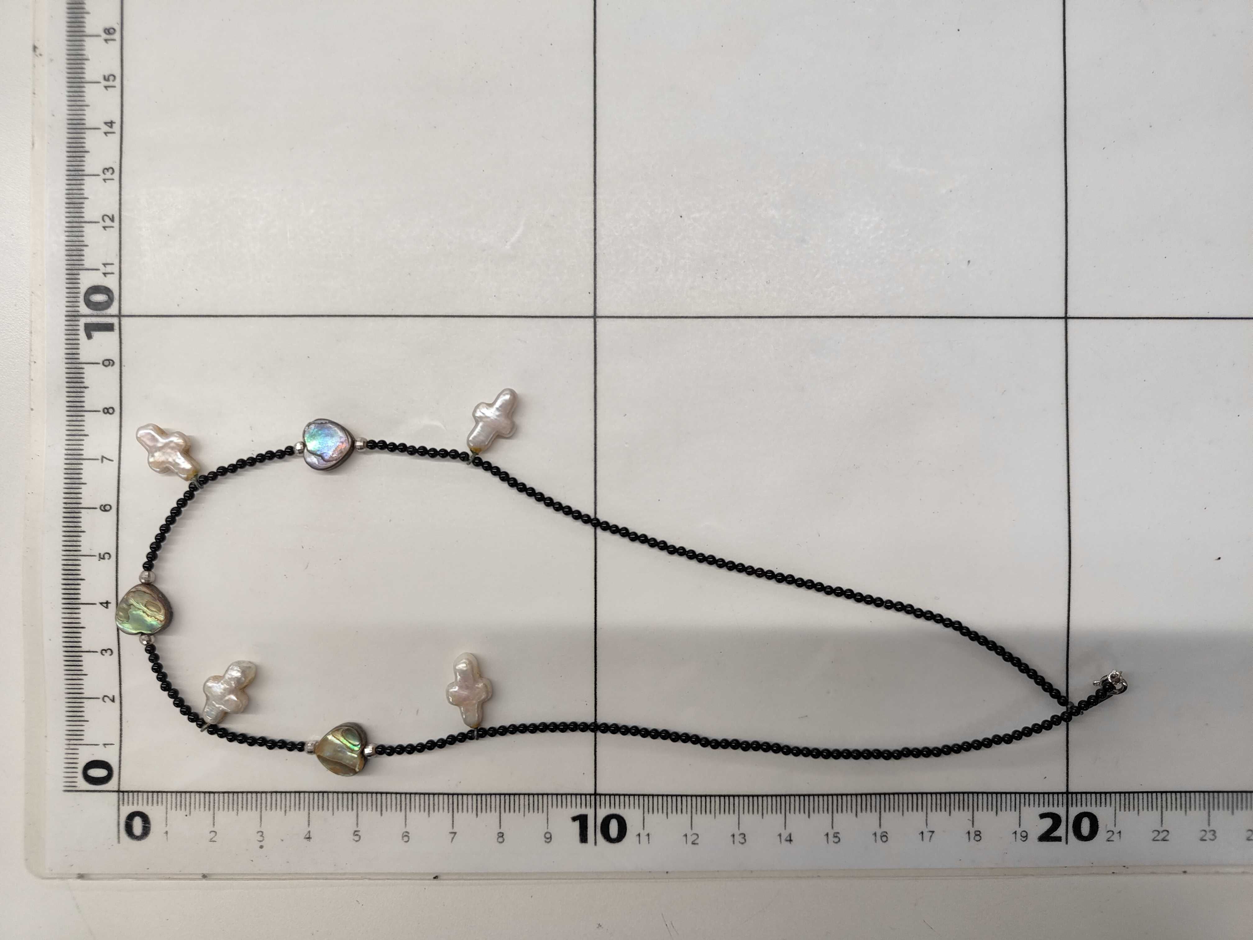 18K White Gold Abalone Heart and Baroque Pearl Cross Bead Necklace