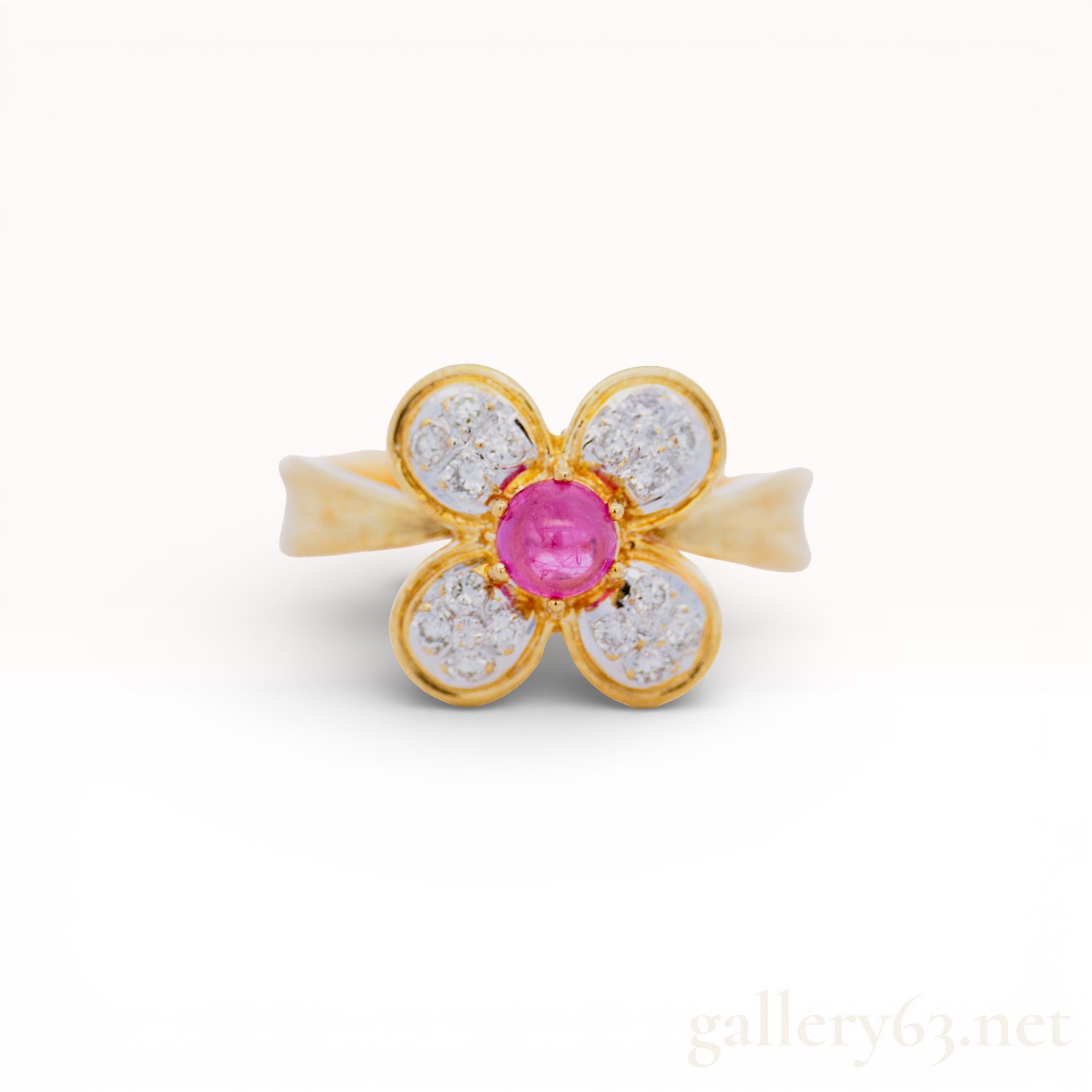 18k Yellow Gold Natural Diamond Ruby Floral Ring Size 6