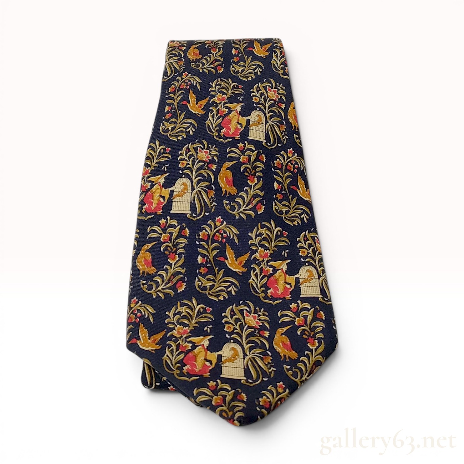 Salvatore Ferragamo Navy Blue Silk Birdcage and Avian Print Tie
