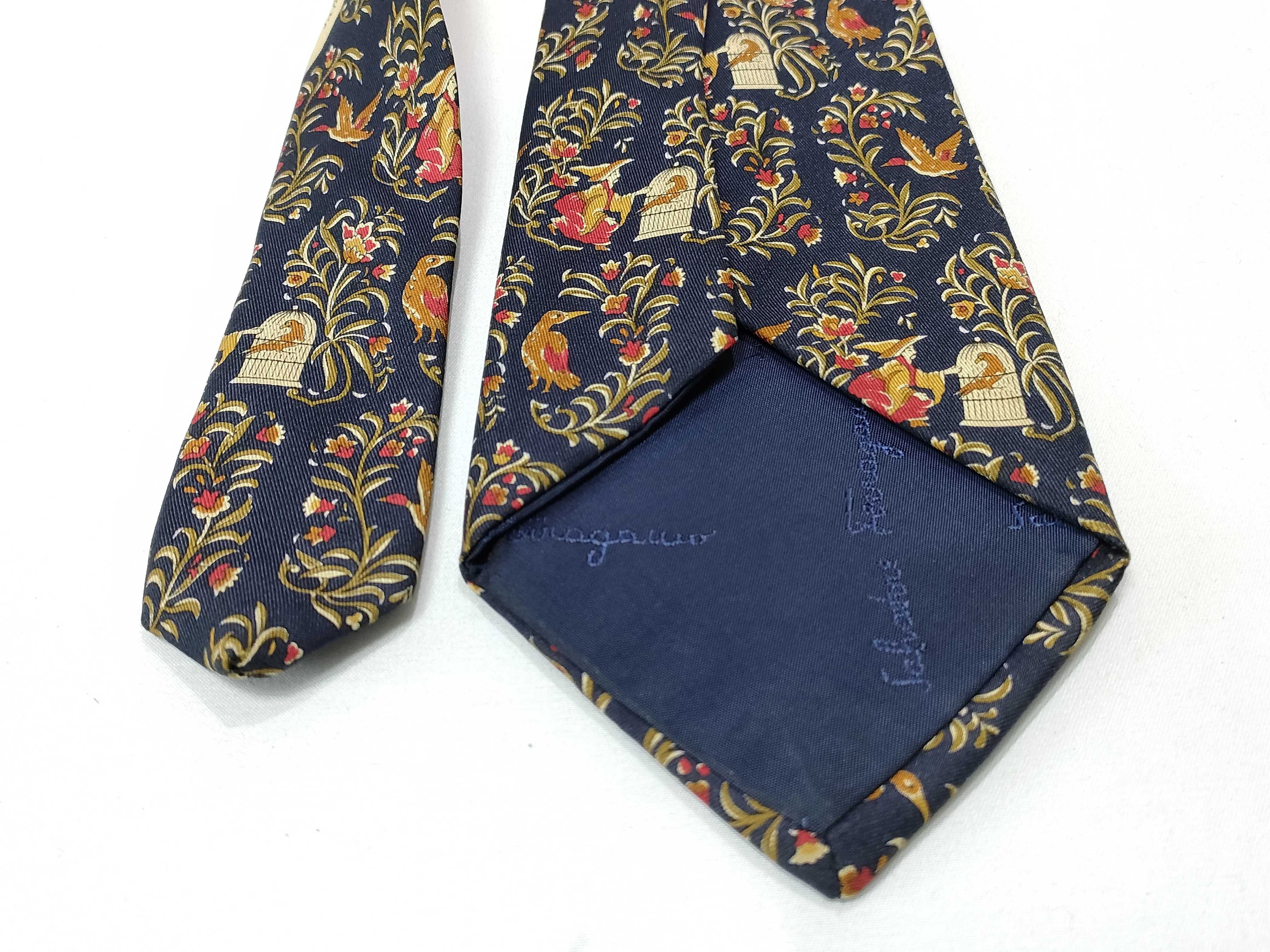 Salvatore Ferragamo Navy Blue Silk Birdcage and Avian Print Tie