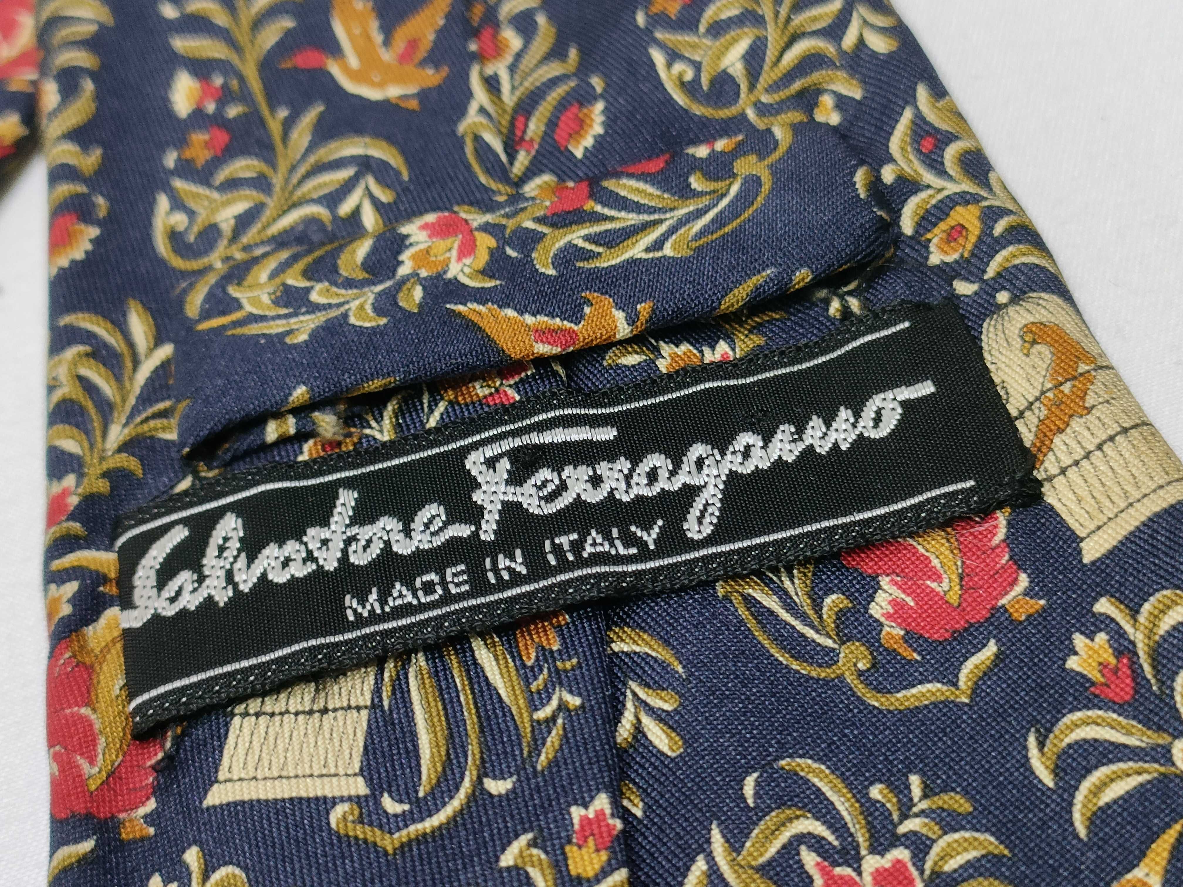 Salvatore Ferragamo Navy Blue Silk Birdcage and Avian Print Tie