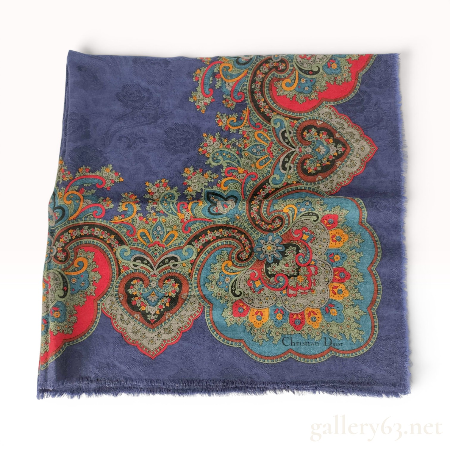 Christian Dior Navy Blue Damask and Paisley Border Square Scarf