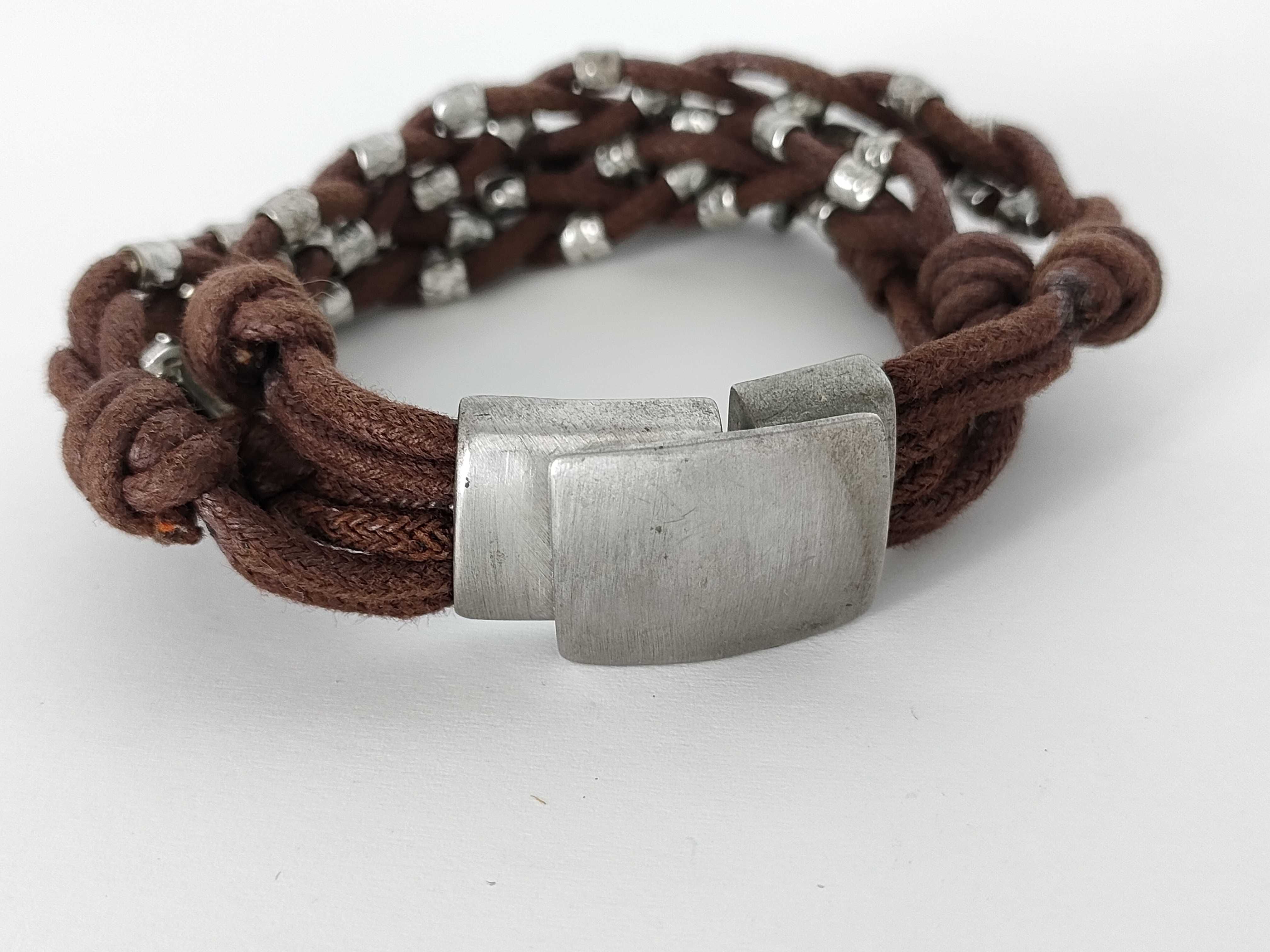 Dolce & Gabbana Sterling Silver and Brown Textile Multi-Strand Bracelet