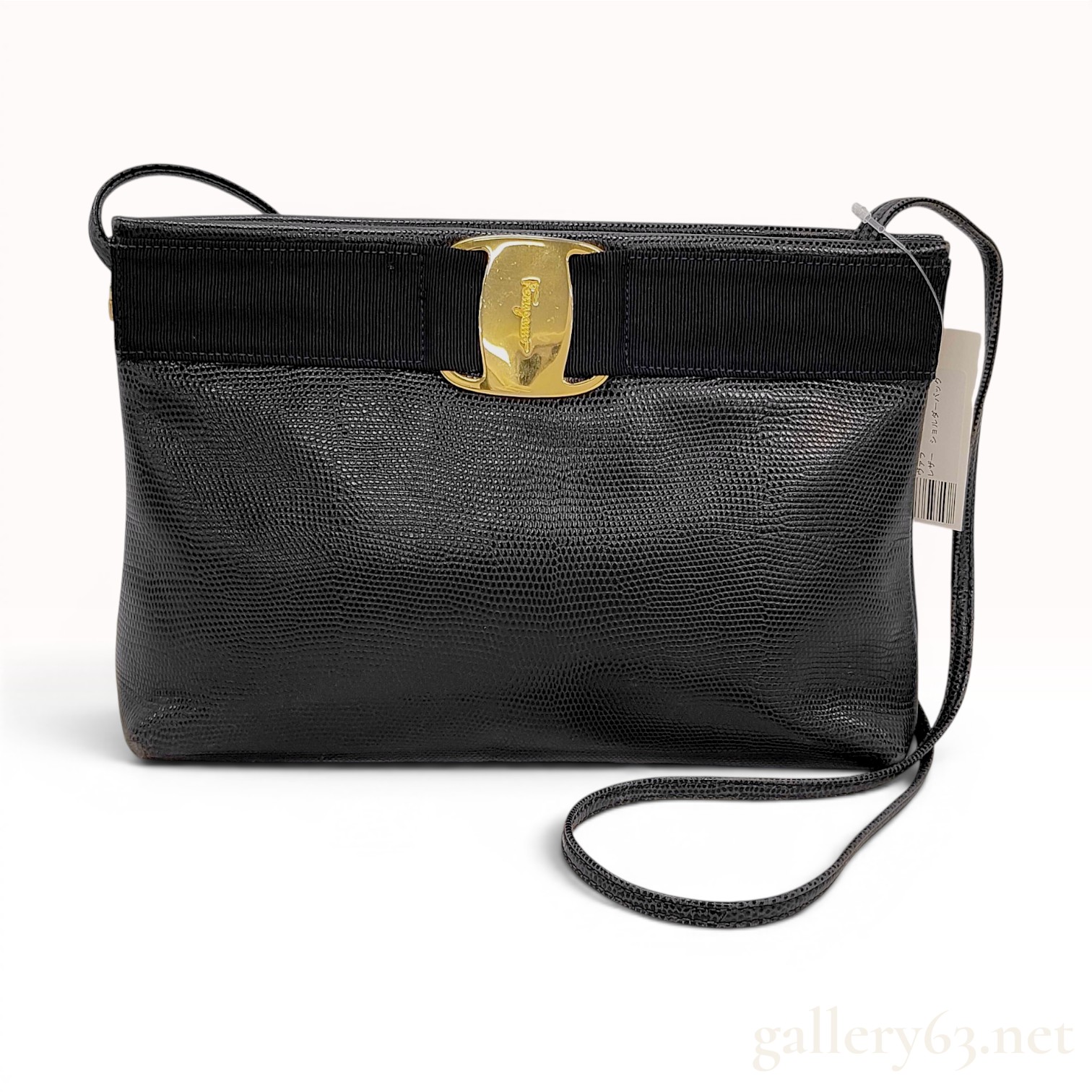 Salvatore Ferragamo Black Lizard-Embossed Leather Vara Bow Shoulder Bag