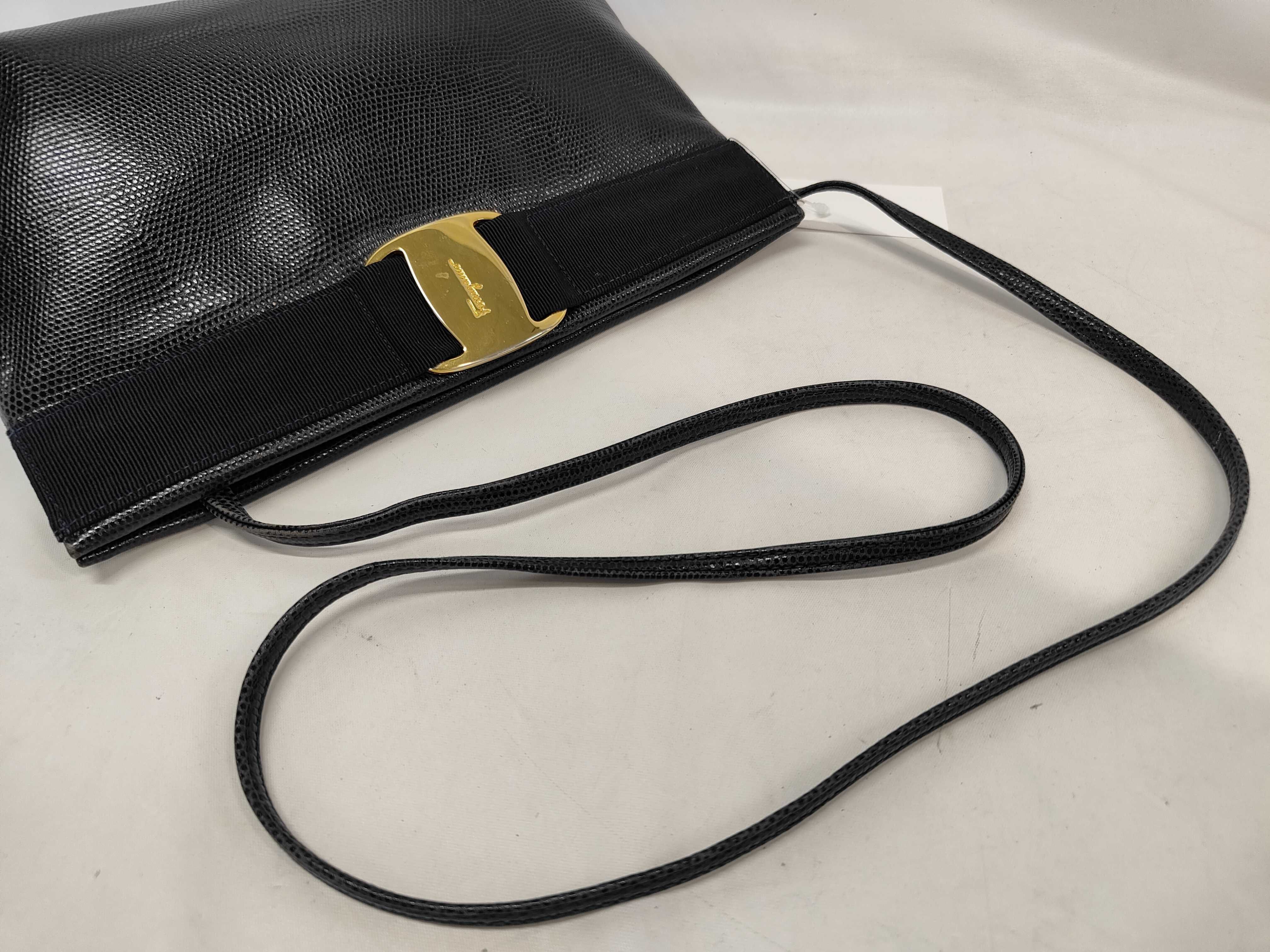 Salvatore Ferragamo Black Lizard-Embossed Leather Vara Bow Shoulder Bag