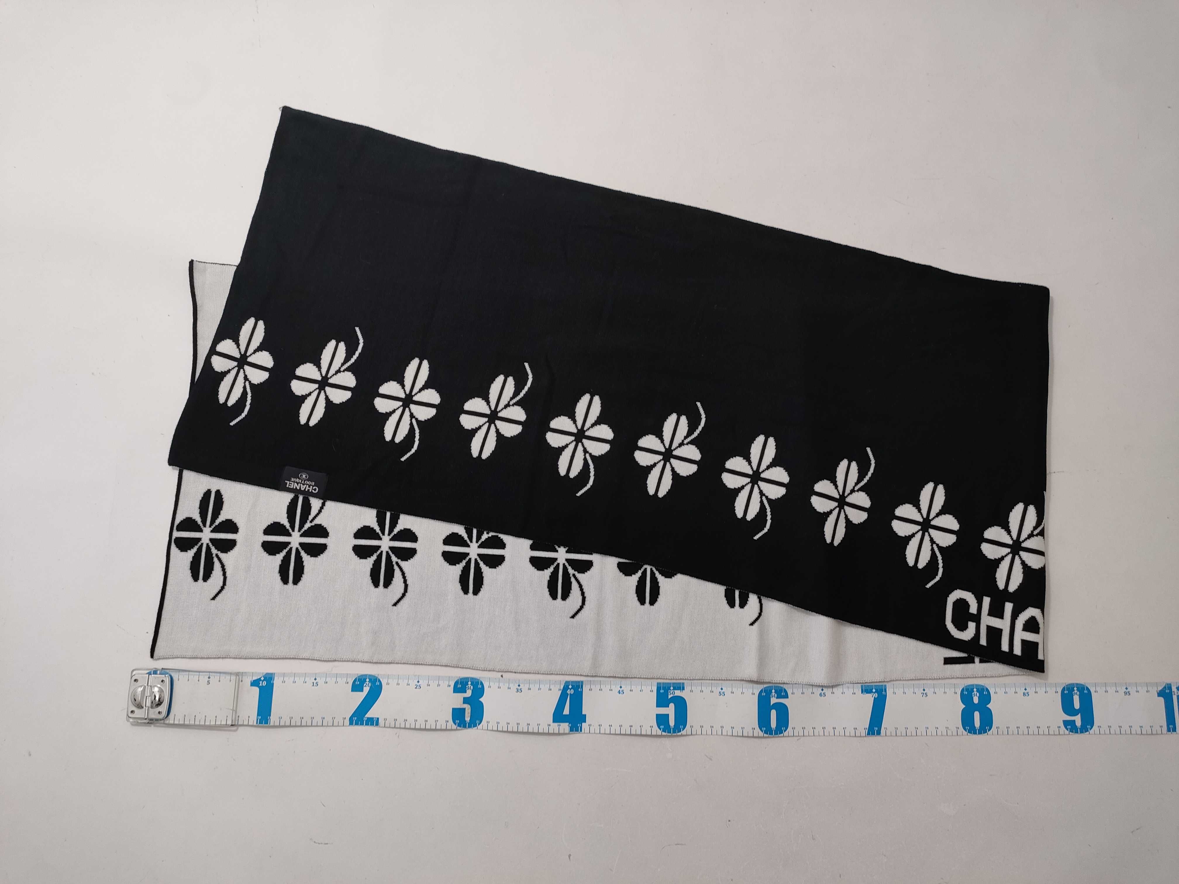 Chanel Boutique Reversible Black and White Knit Clover Motif Scarf