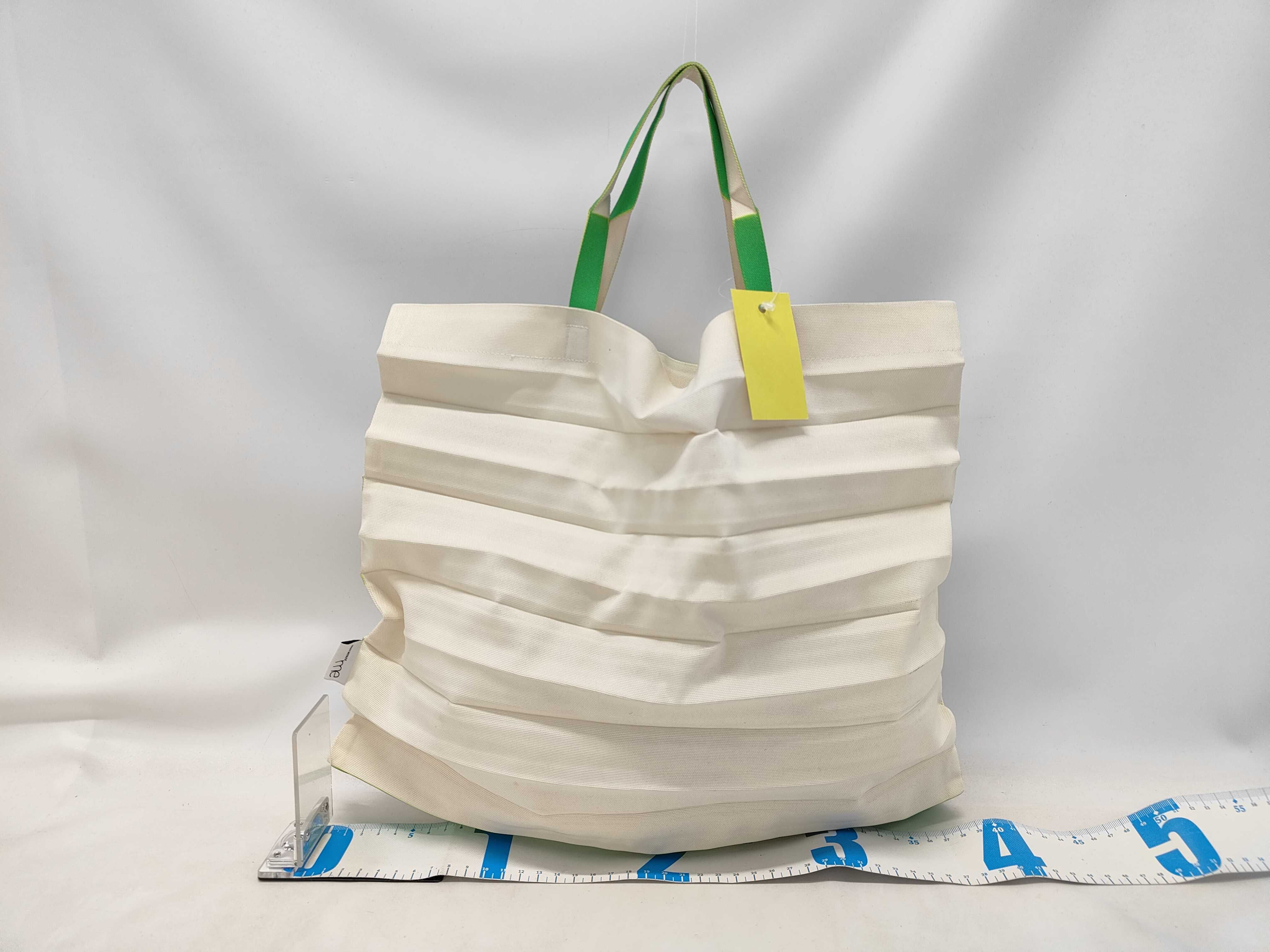 me ISSEY MIYAKE Striped Trunk Pleats Bag in Green and Cream