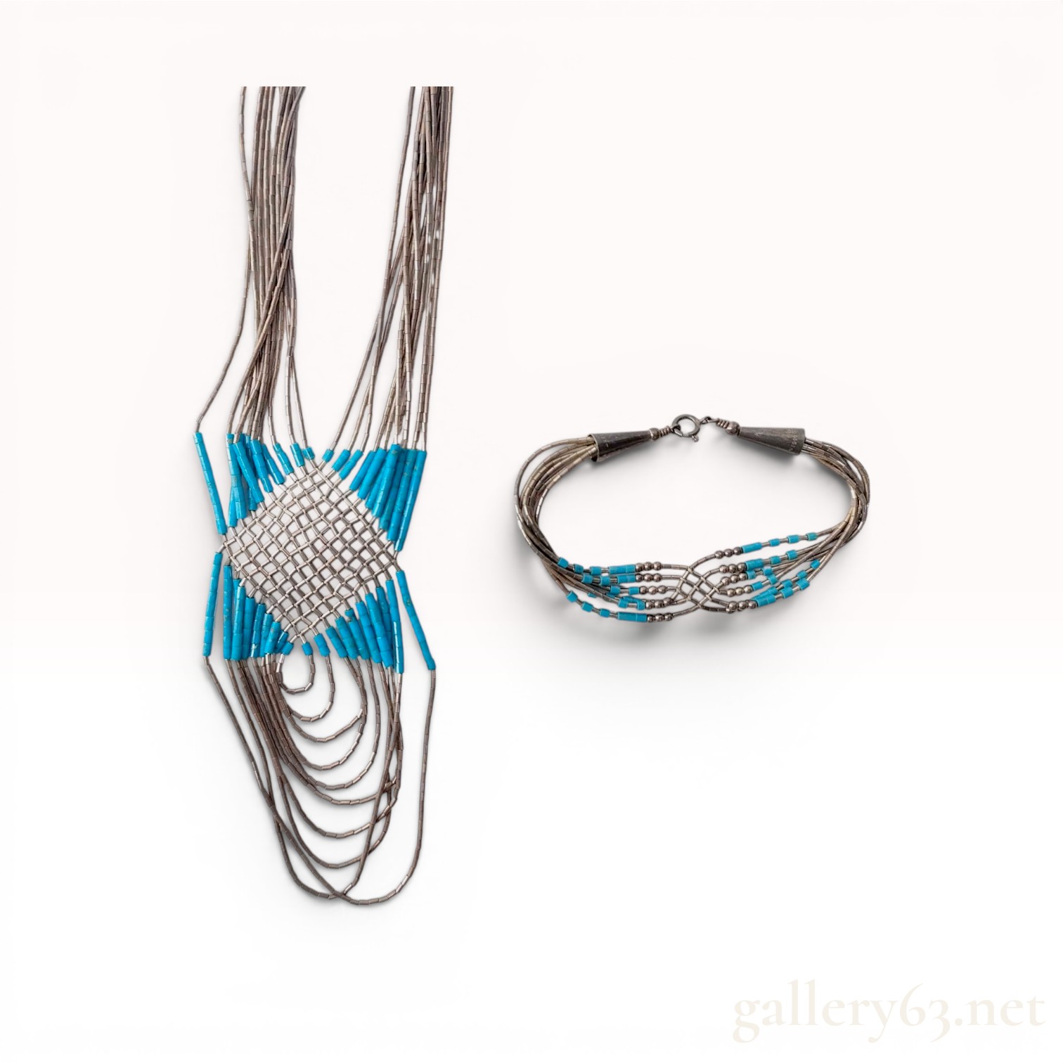 Two-Piece Vintage Southwest Sterling Liquid Silver and Turquoise Jewelry Set