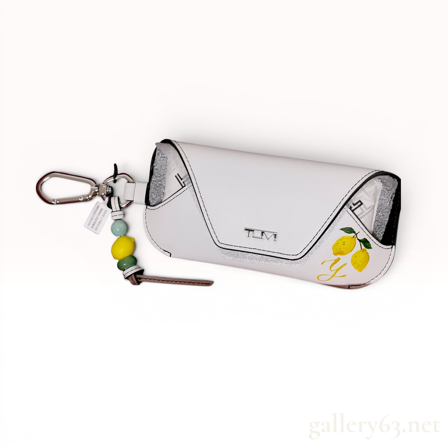 Tumi Belden White Leather Sunglass Case Charm with Lemon Motif