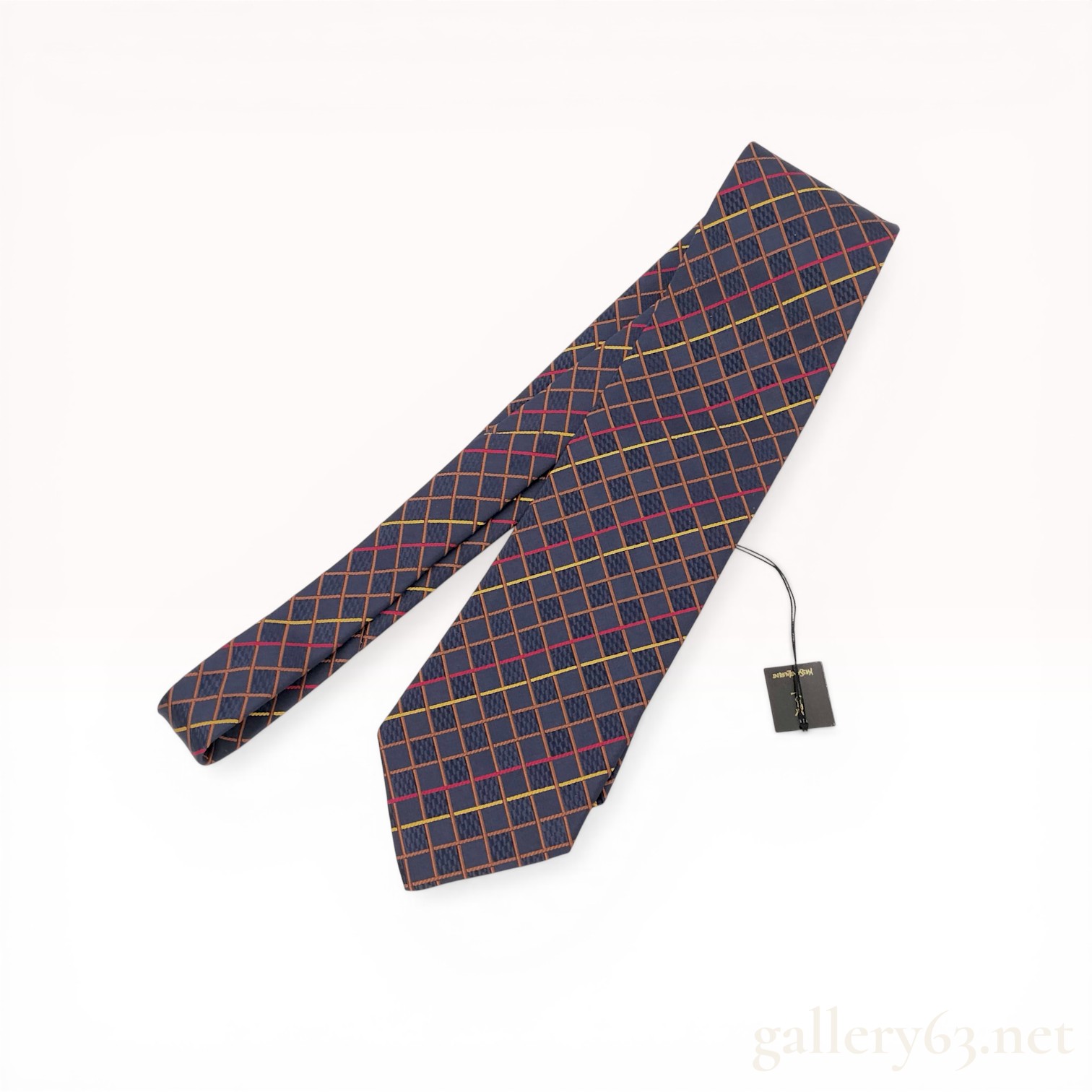 Yves Saint Laurent Silk Geometric Grid Pattern Necktie