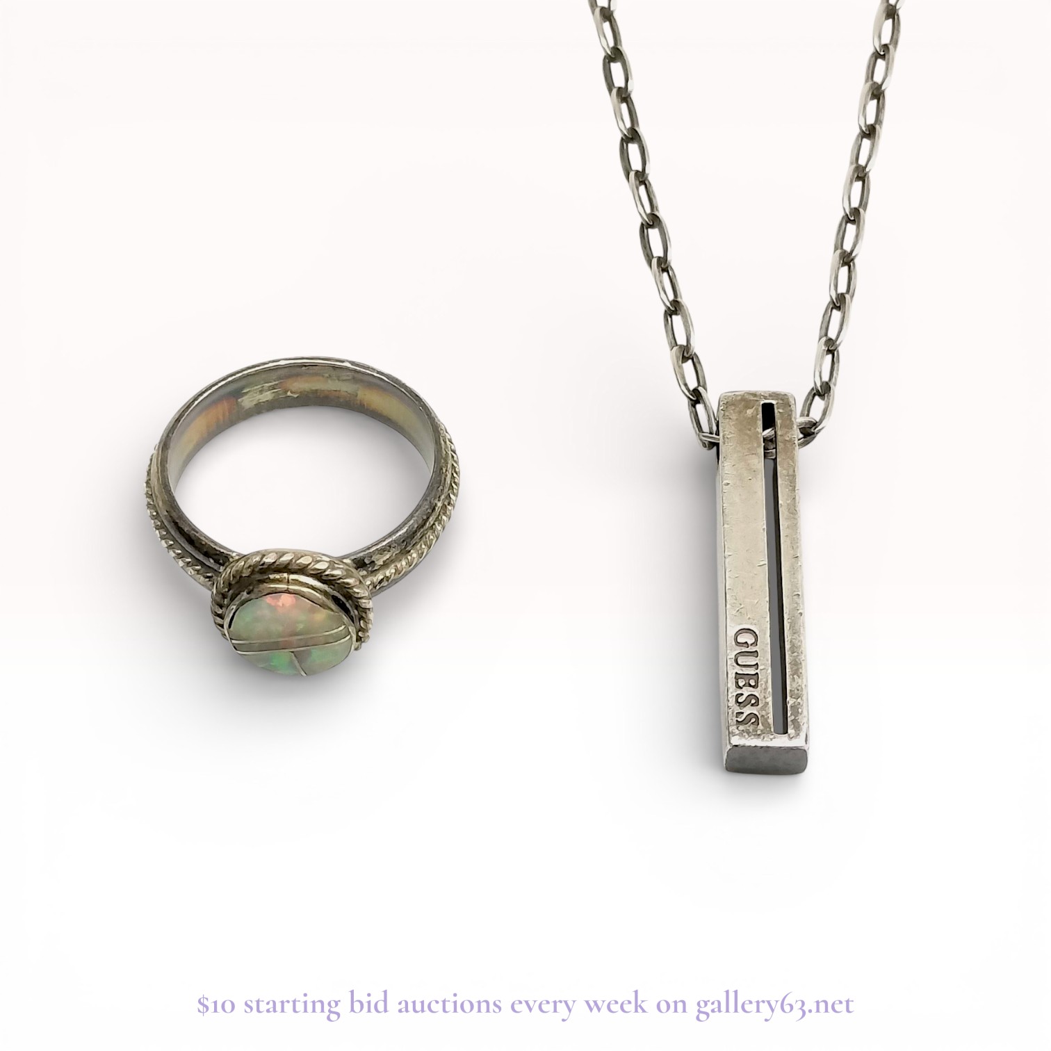 Two Pieces of Sterling Silver and Silver-Toned Jewelry Including a Guess Pendant Necklace and an Opal Inlay Ring