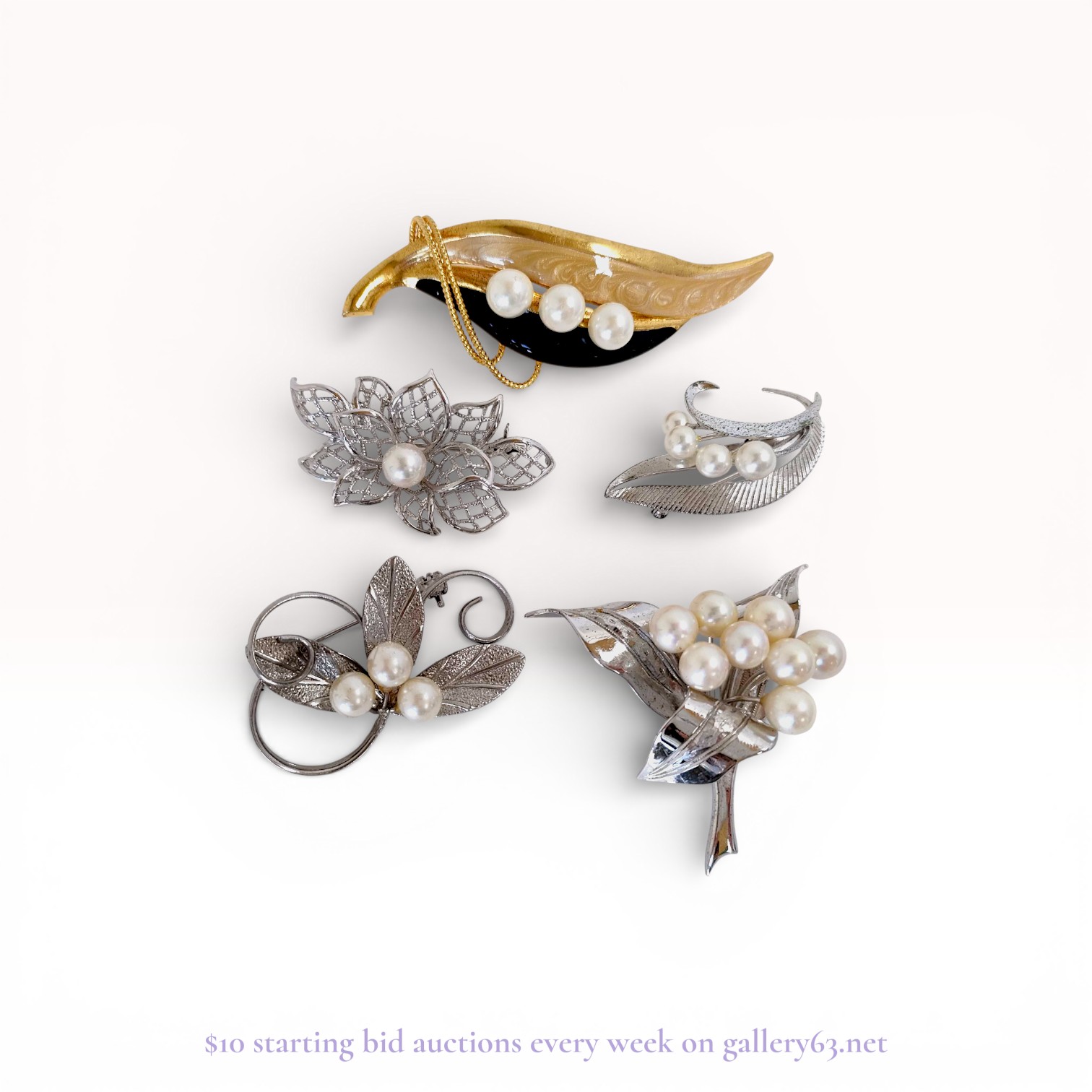 A Collection of Five Vintage Pearl and Botanical Brooches including Mikimoto