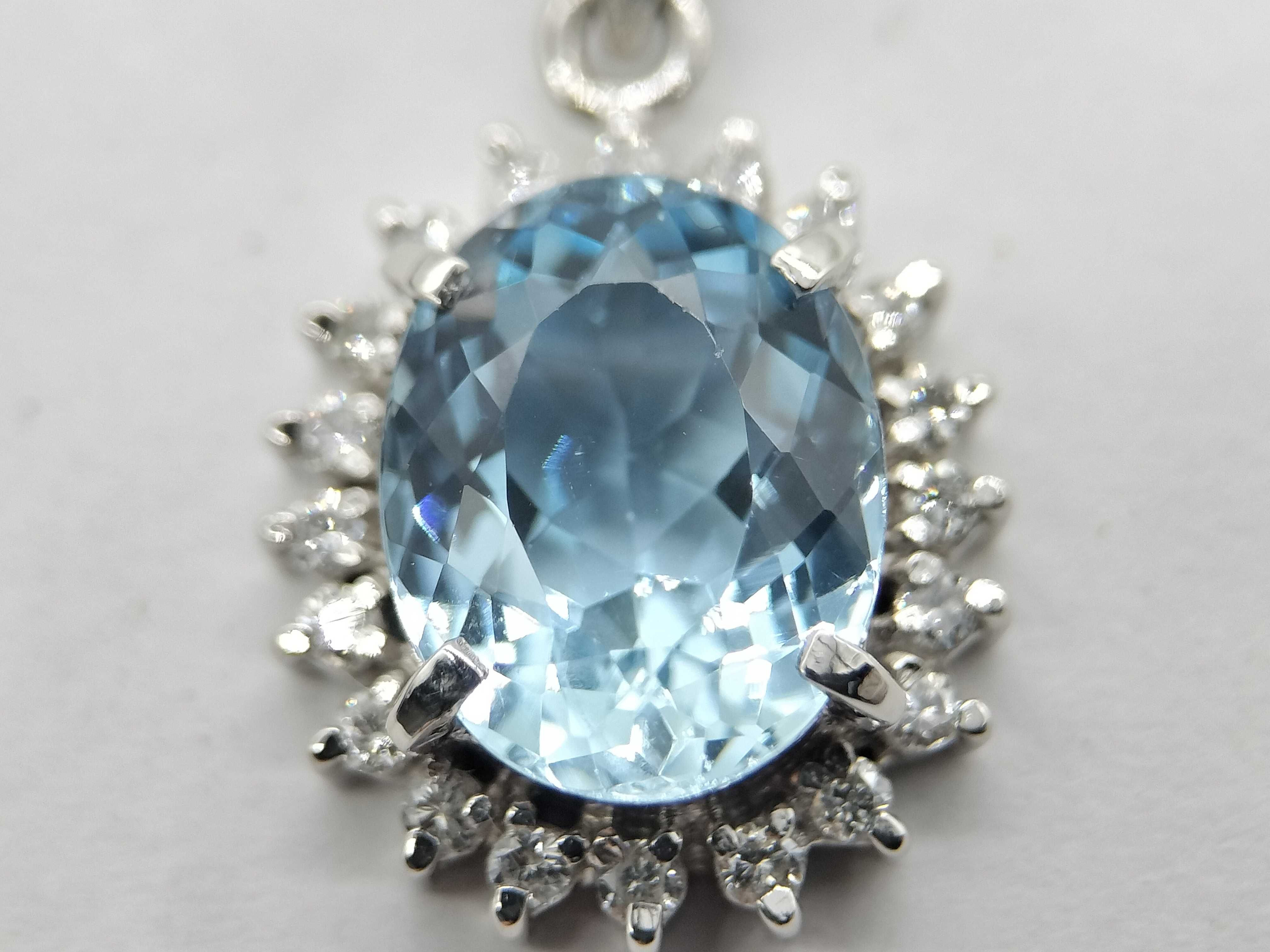 Platinum Aquamarine and Diamond Halo Pendant Necklace