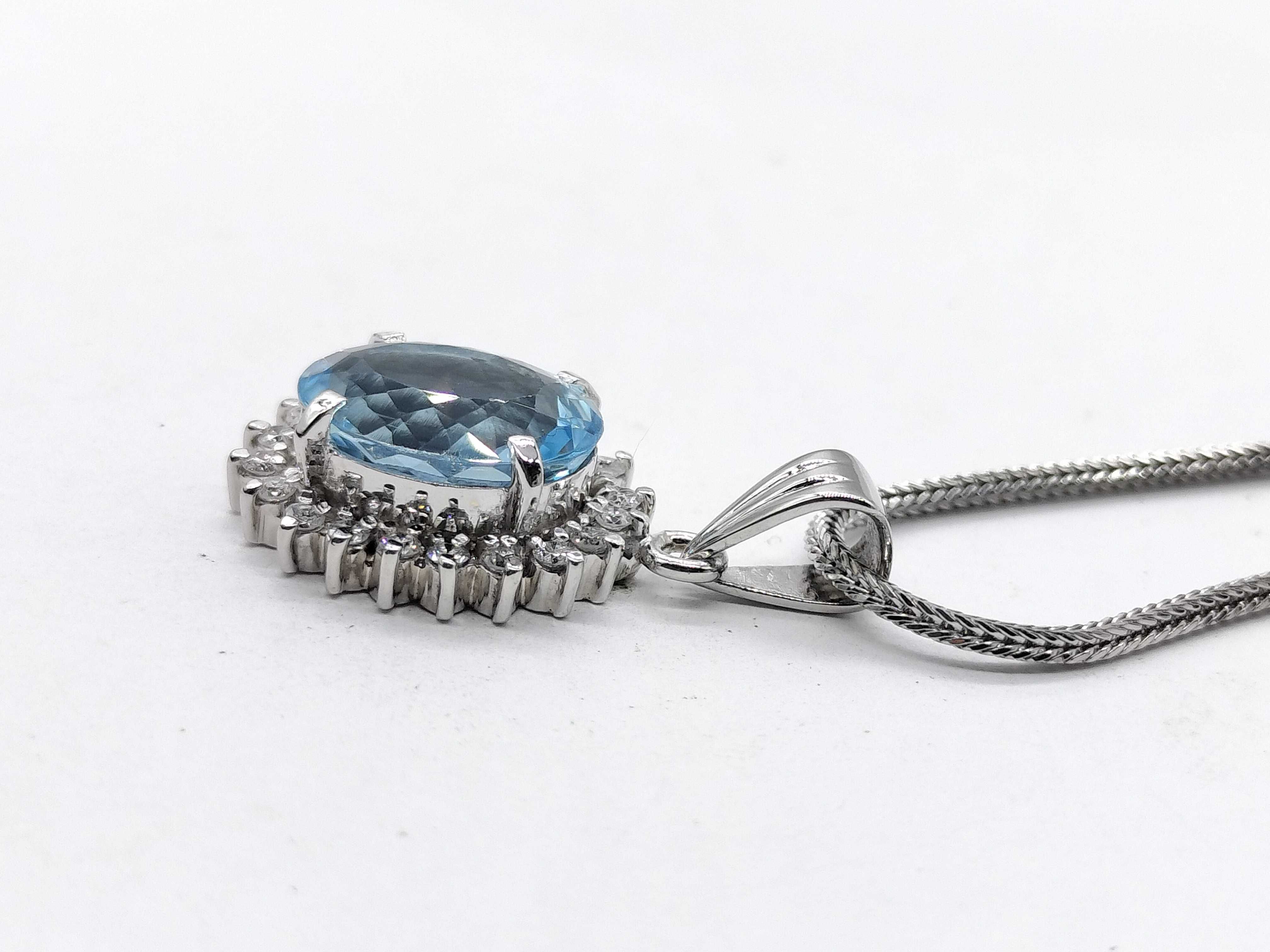 Platinum Aquamarine and Diamond Halo Pendant Necklace
