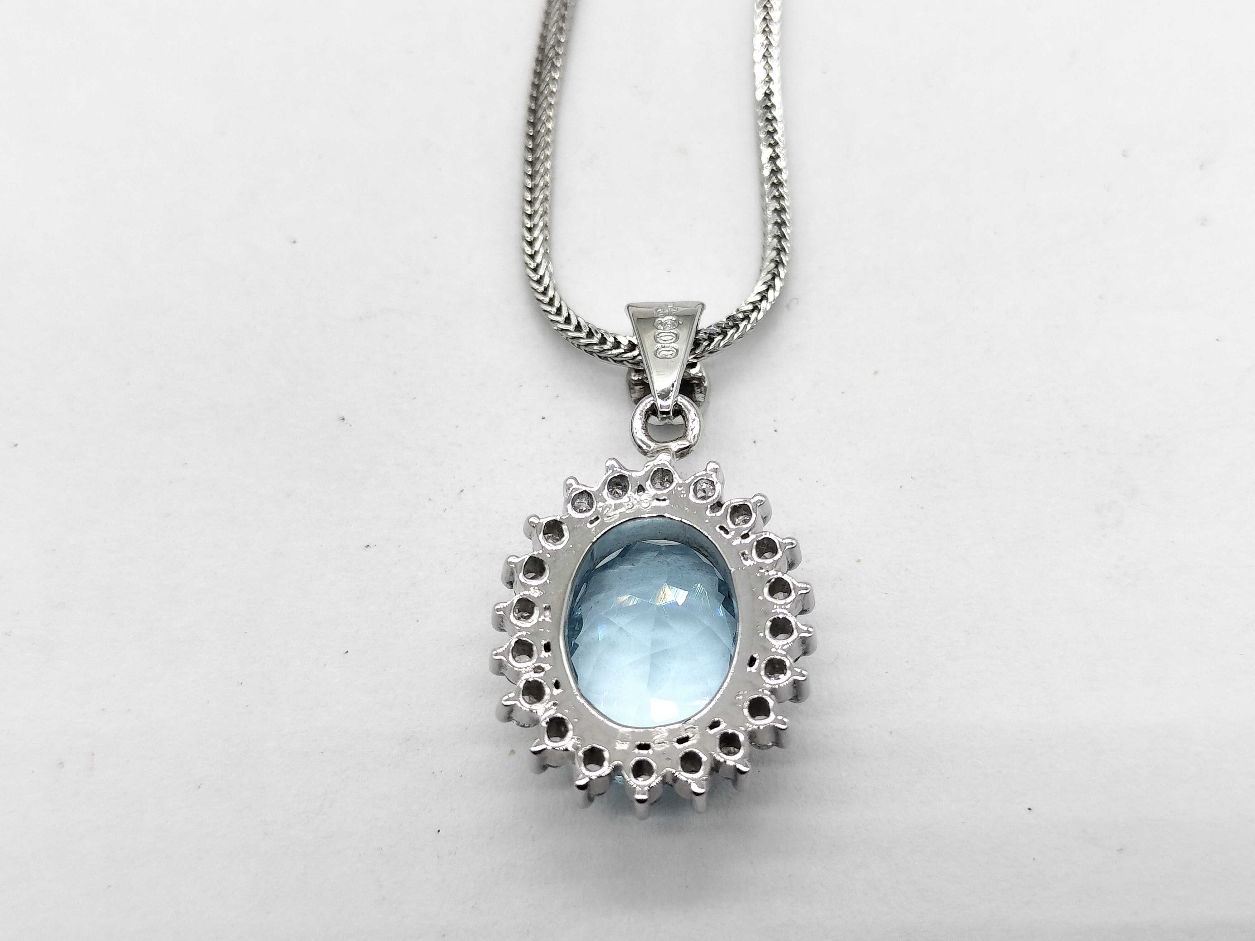 Platinum Aquamarine and Diamond Halo Pendant Necklace