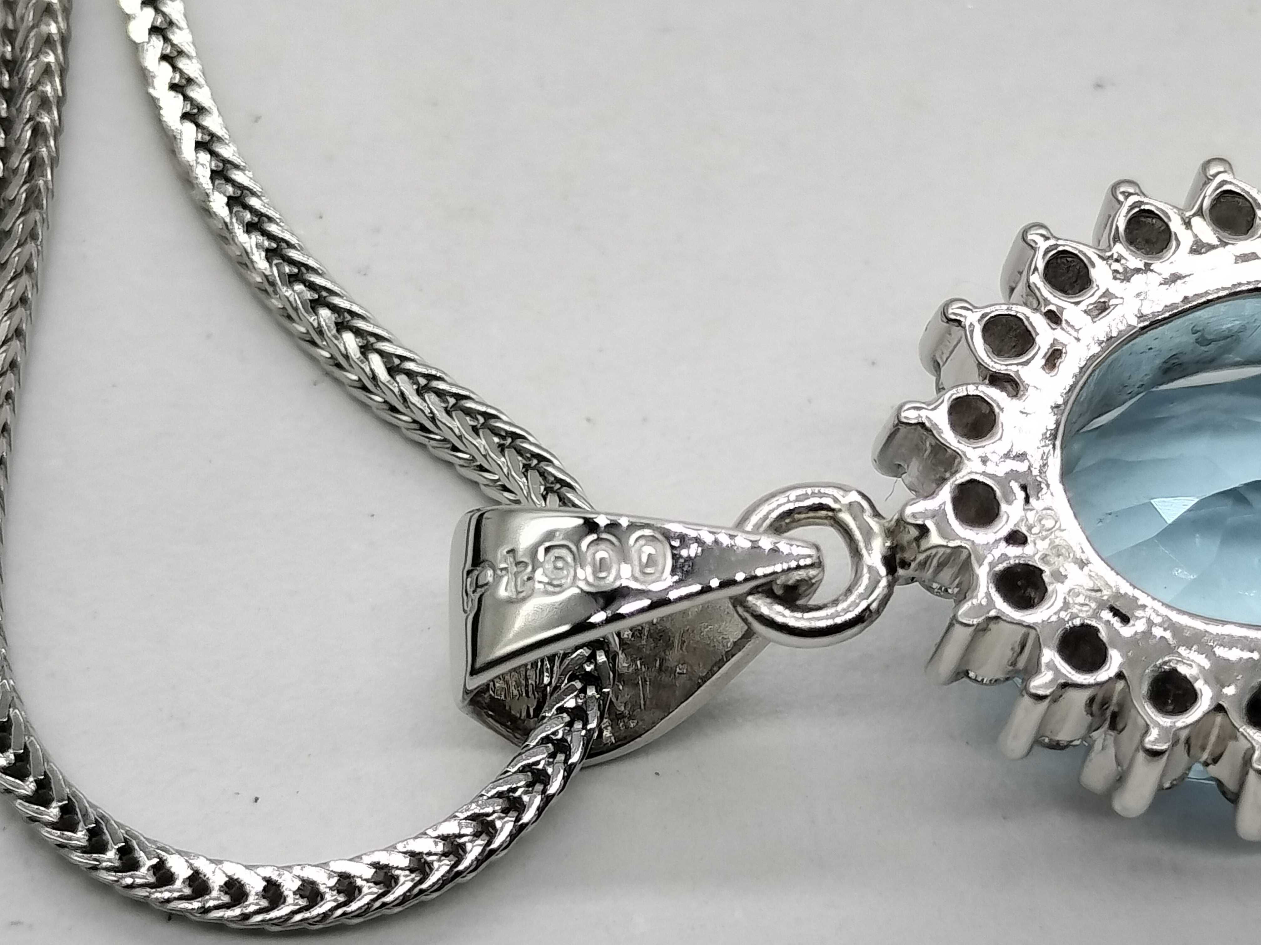 Platinum Aquamarine and Diamond Halo Pendant Necklace