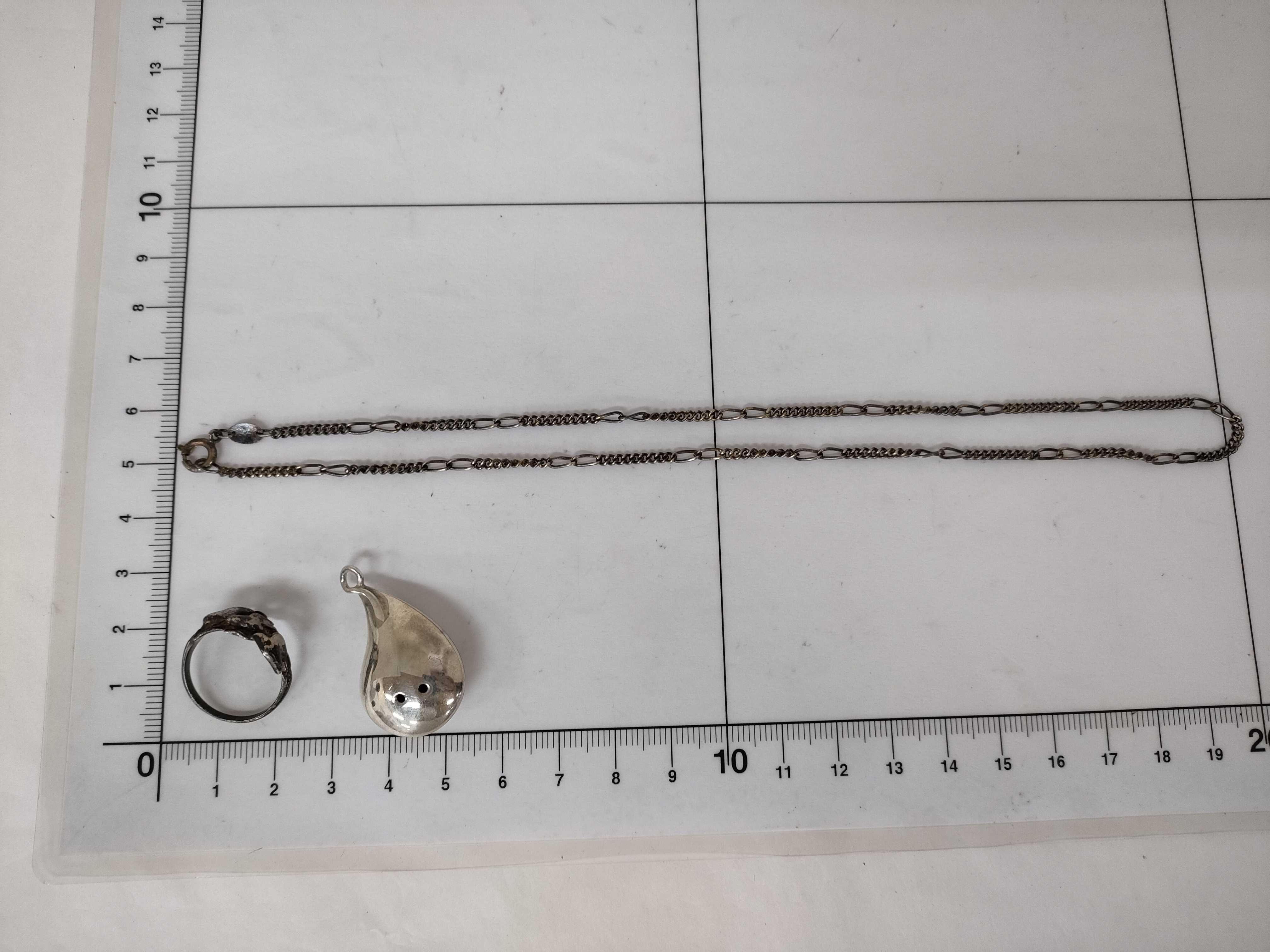 A Trio of Silver and Silver-Tone Jewelry Including a Figaro Chain, Teardrop Pendant, and Figural Bird Ring