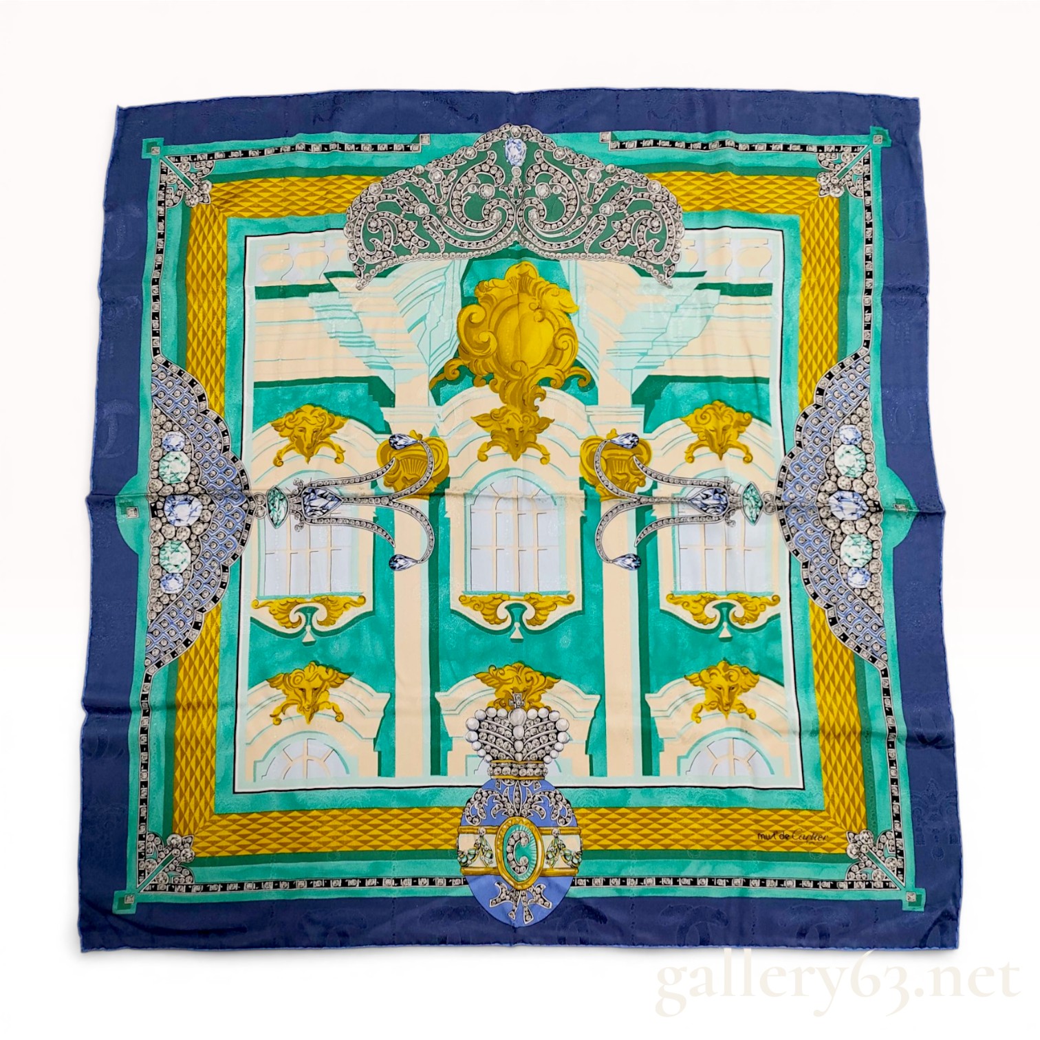 Must de Cartier Silk Scarf with Architectural and Jewelry Motif