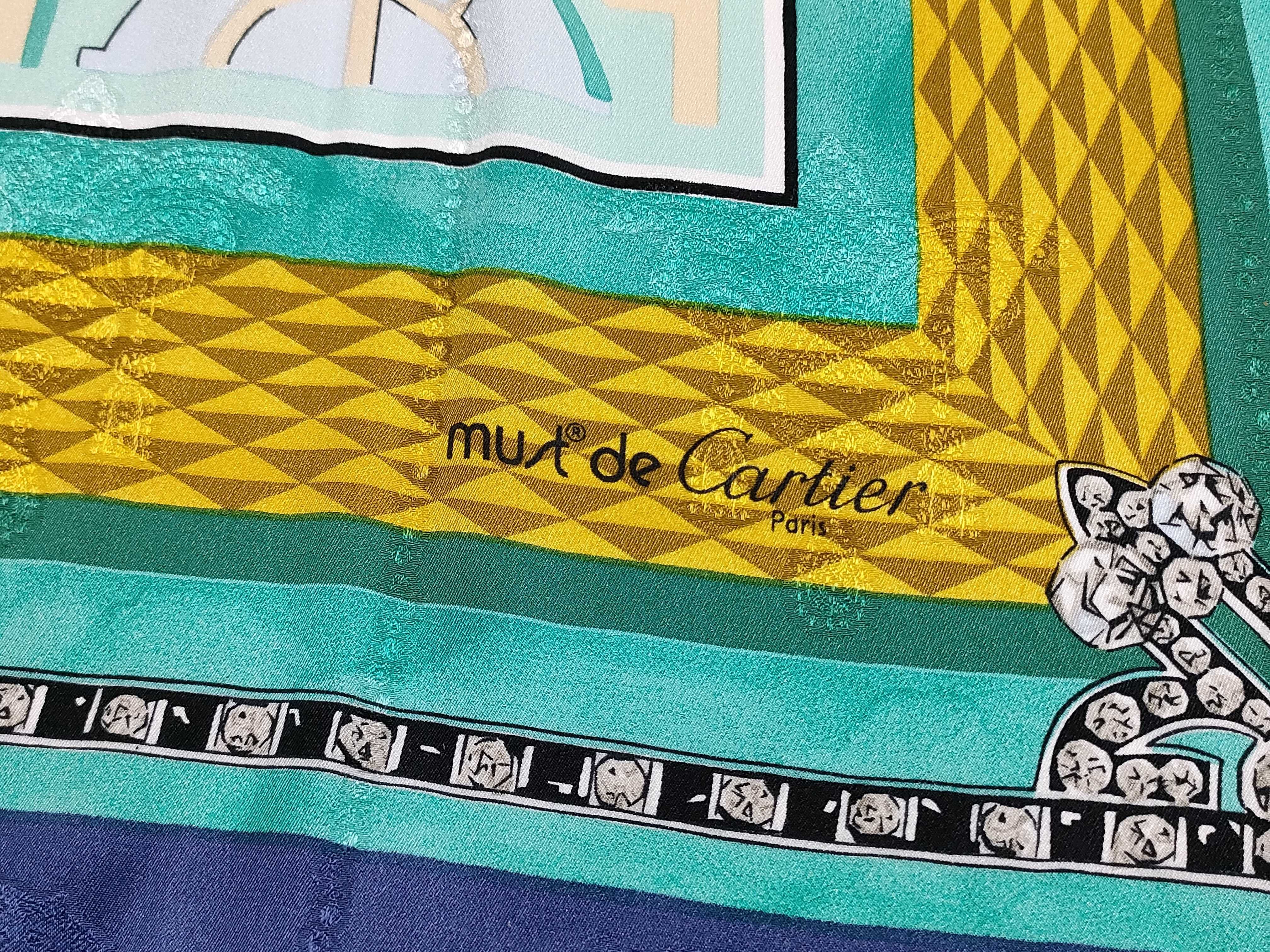 Must de Cartier Silk Scarf with Architectural and Jewelry Motif