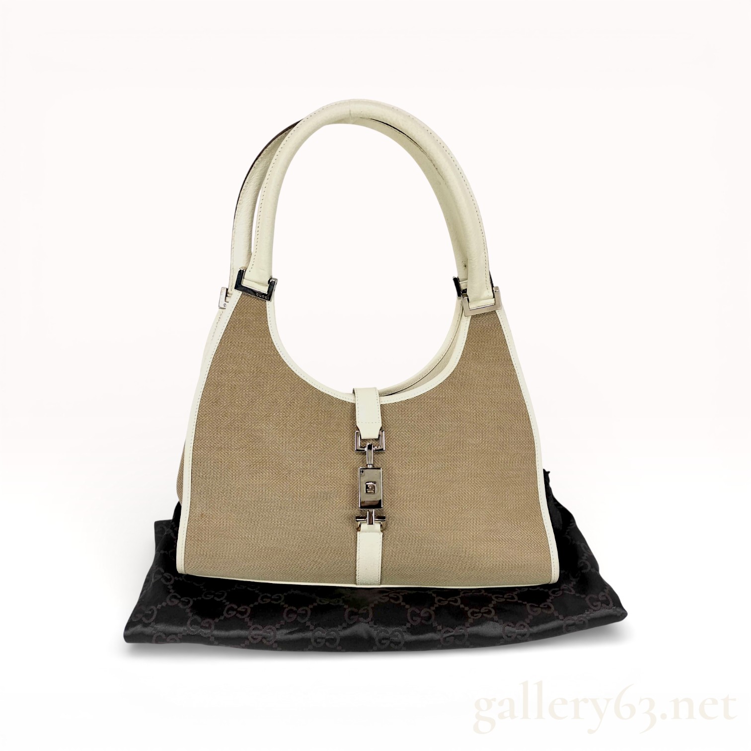 Gucci Piston Lock Bardot Canvas and Leather Hobo Bag