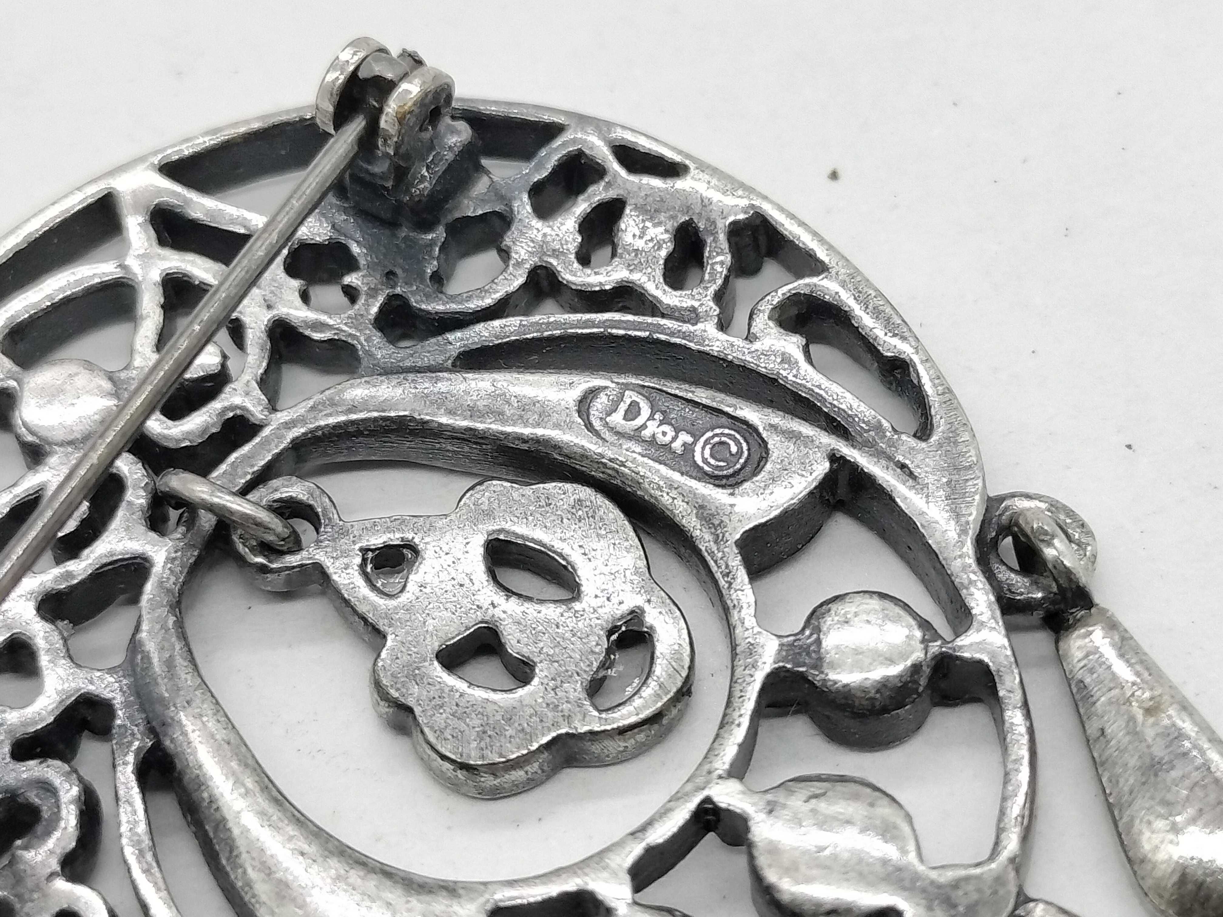 Christian Dior Vintage Silver-Tone and Rhinestone Openwork Pendant Brooch
