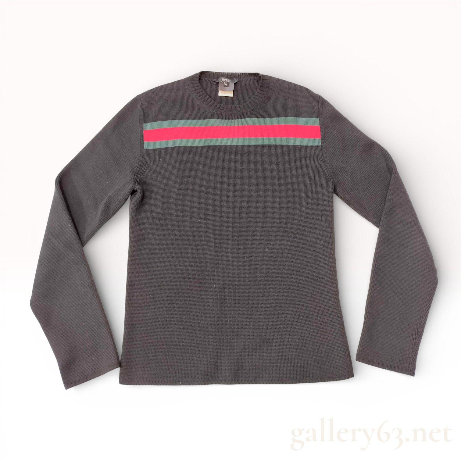 Gucci 131652 Dark Gray Knit Sweater with Green and Red Web Stripe