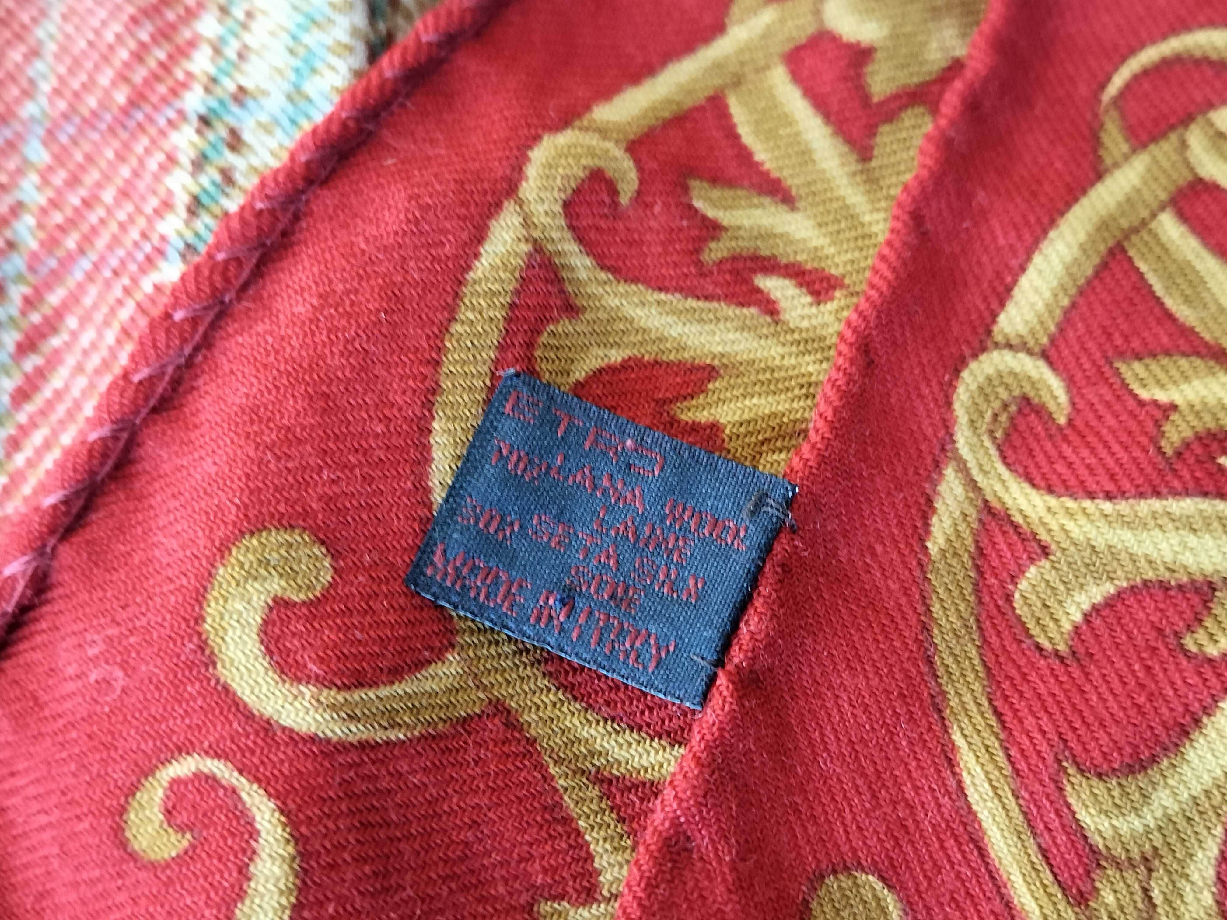 Etro Red Wool and Silk Scarf with Plaid and Acanthus Leaf Pattern
