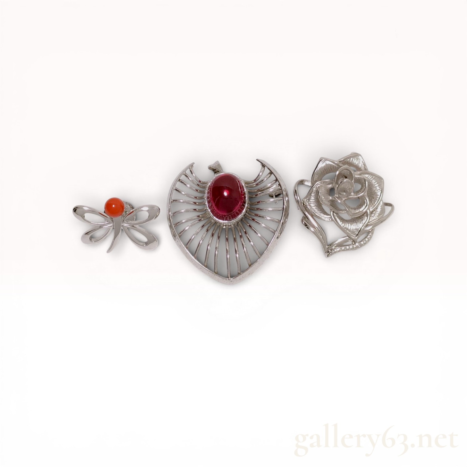 Three Silver Brooches and Pins Including Heart and Rose Motifs