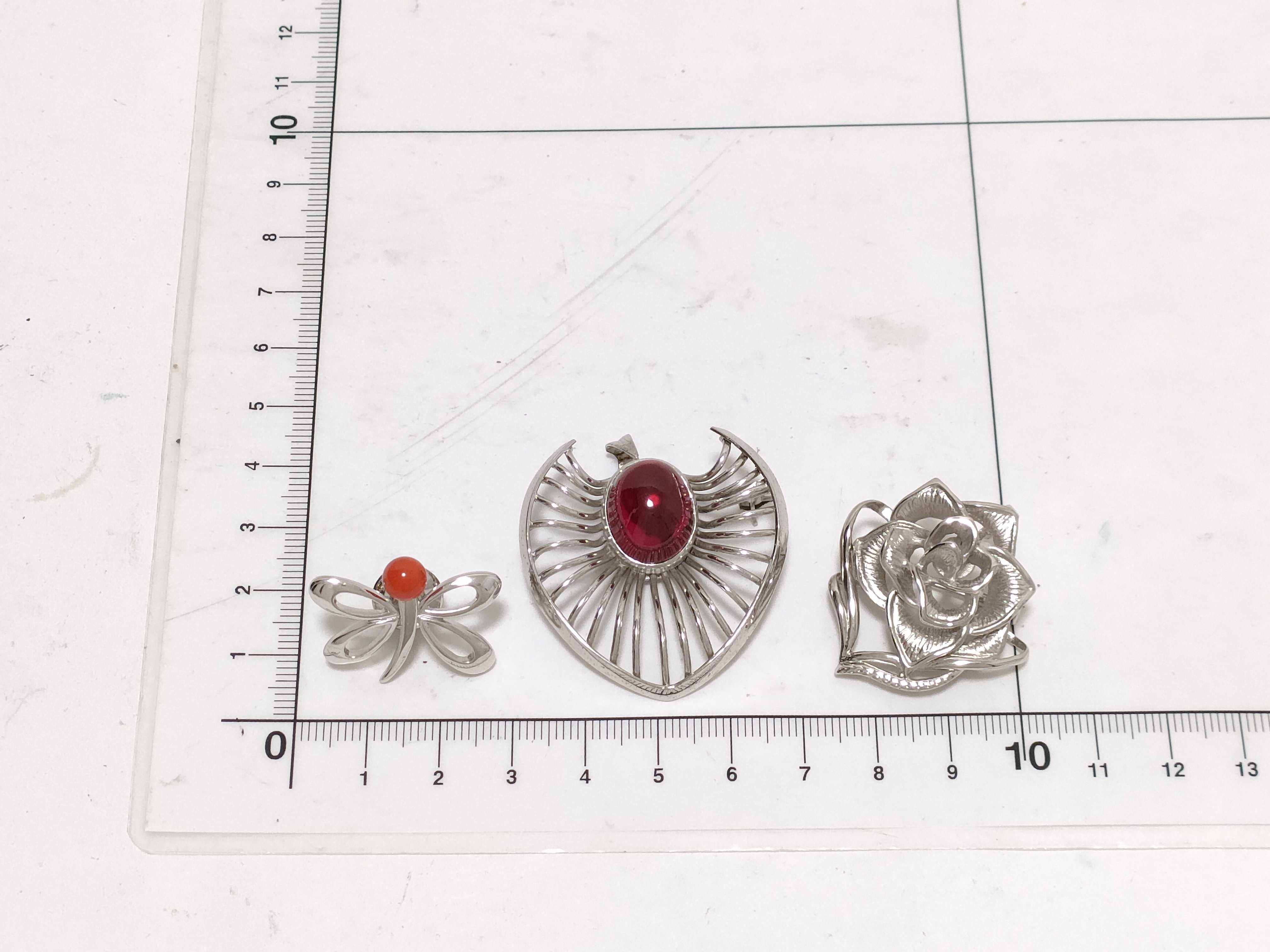 Three Silver Brooches and Pins Including Heart and Rose Motifs