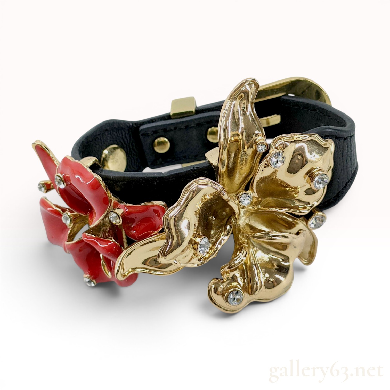 Versace for H&M Black Leather Floral Statement Bracelet with Enamel and Crystals