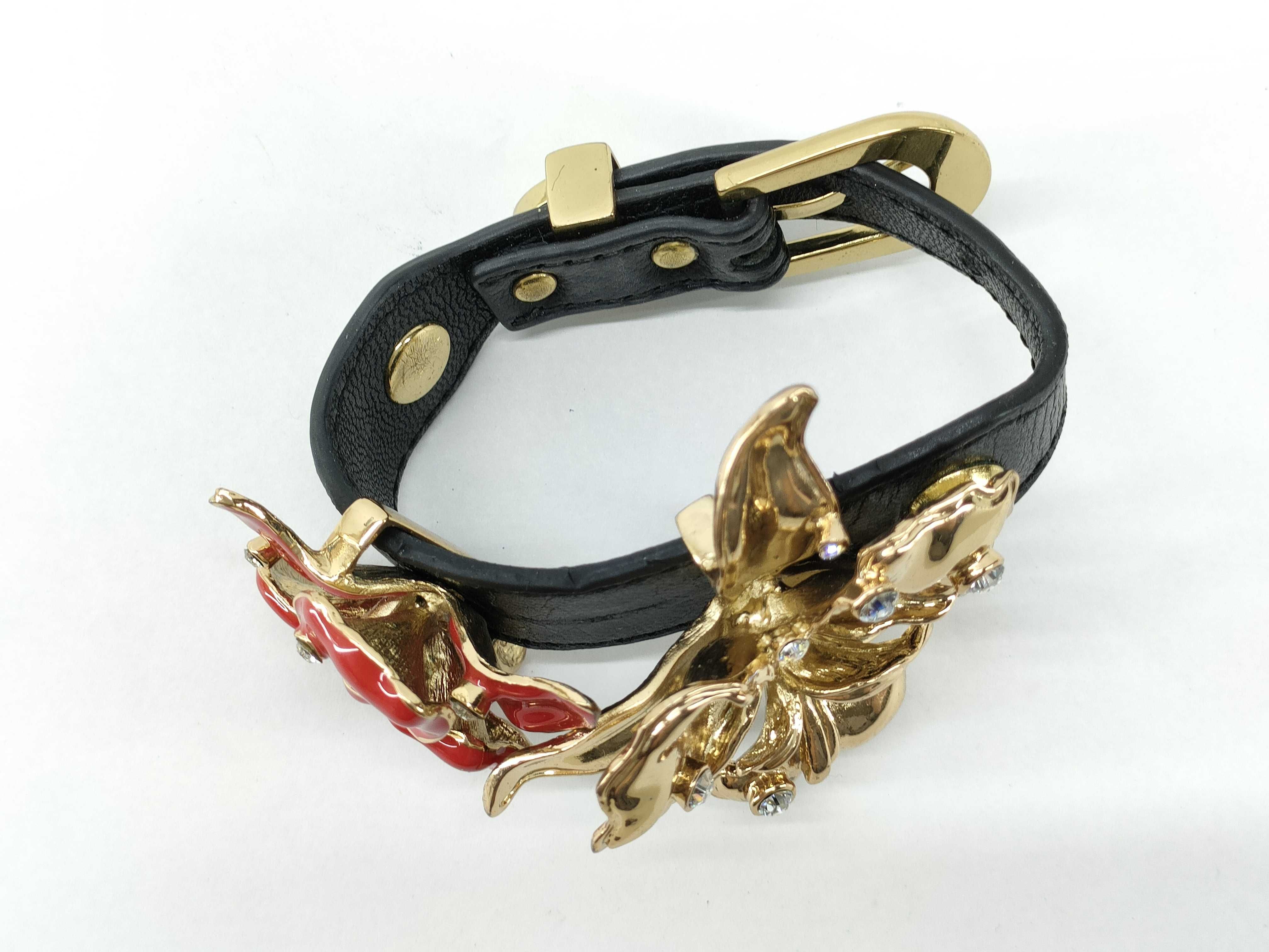 Versace for H&M Black Leather Floral Statement Bracelet with Enamel and Crystals