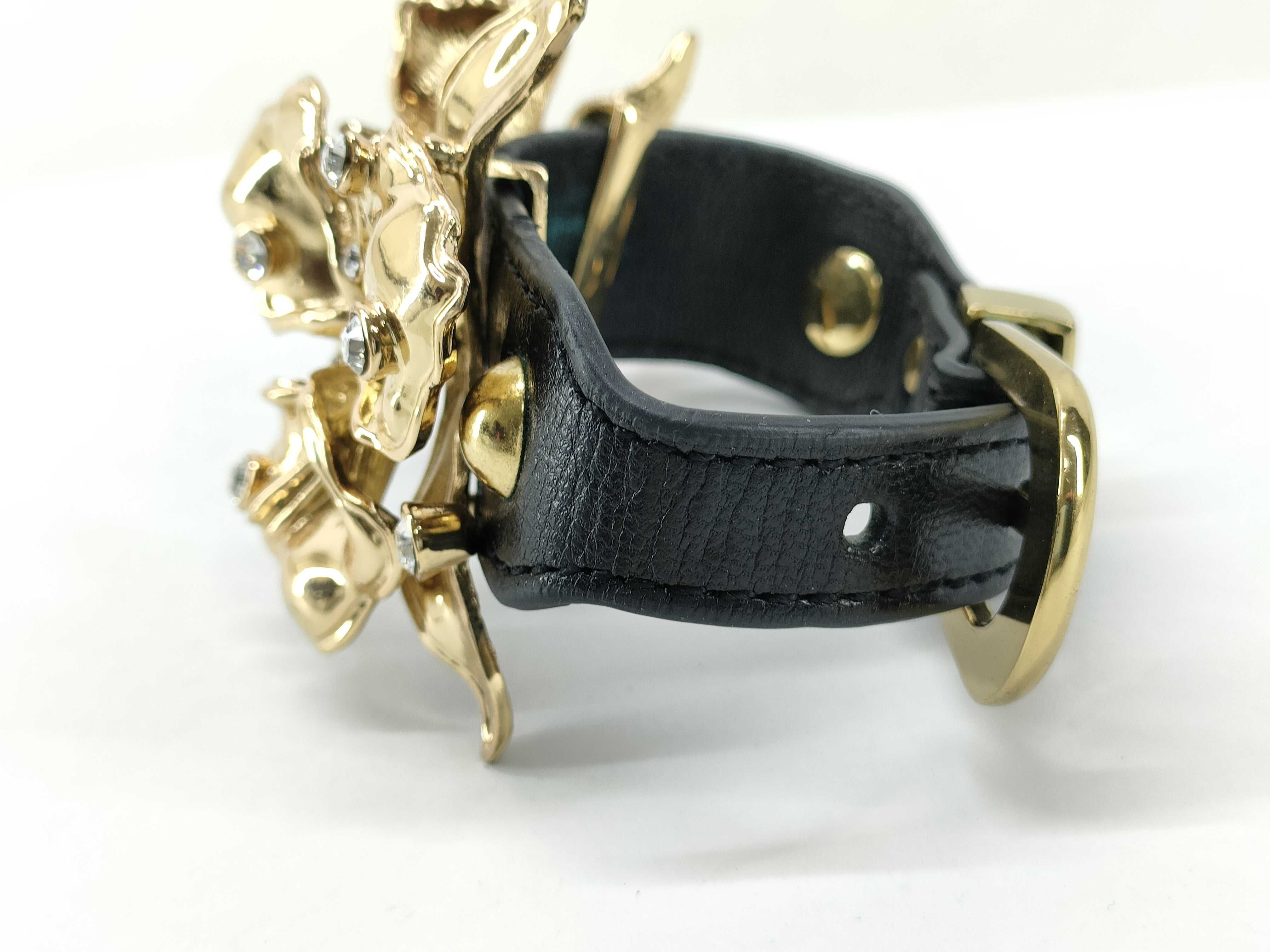 Versace for H&M Black Leather Floral Statement Bracelet with Enamel and Crystals