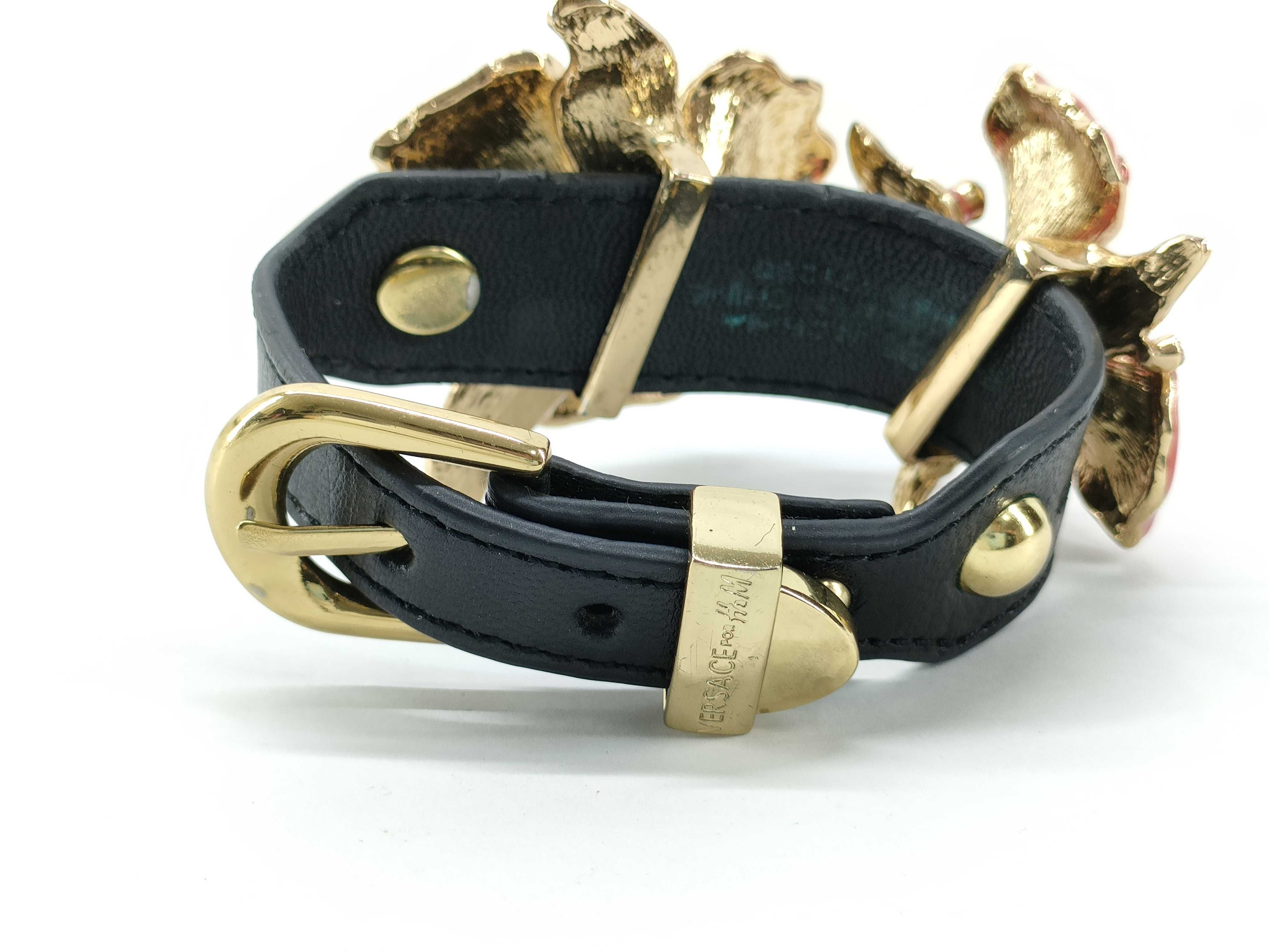 Versace for H&M Black Leather Floral Statement Bracelet with Enamel and Crystals