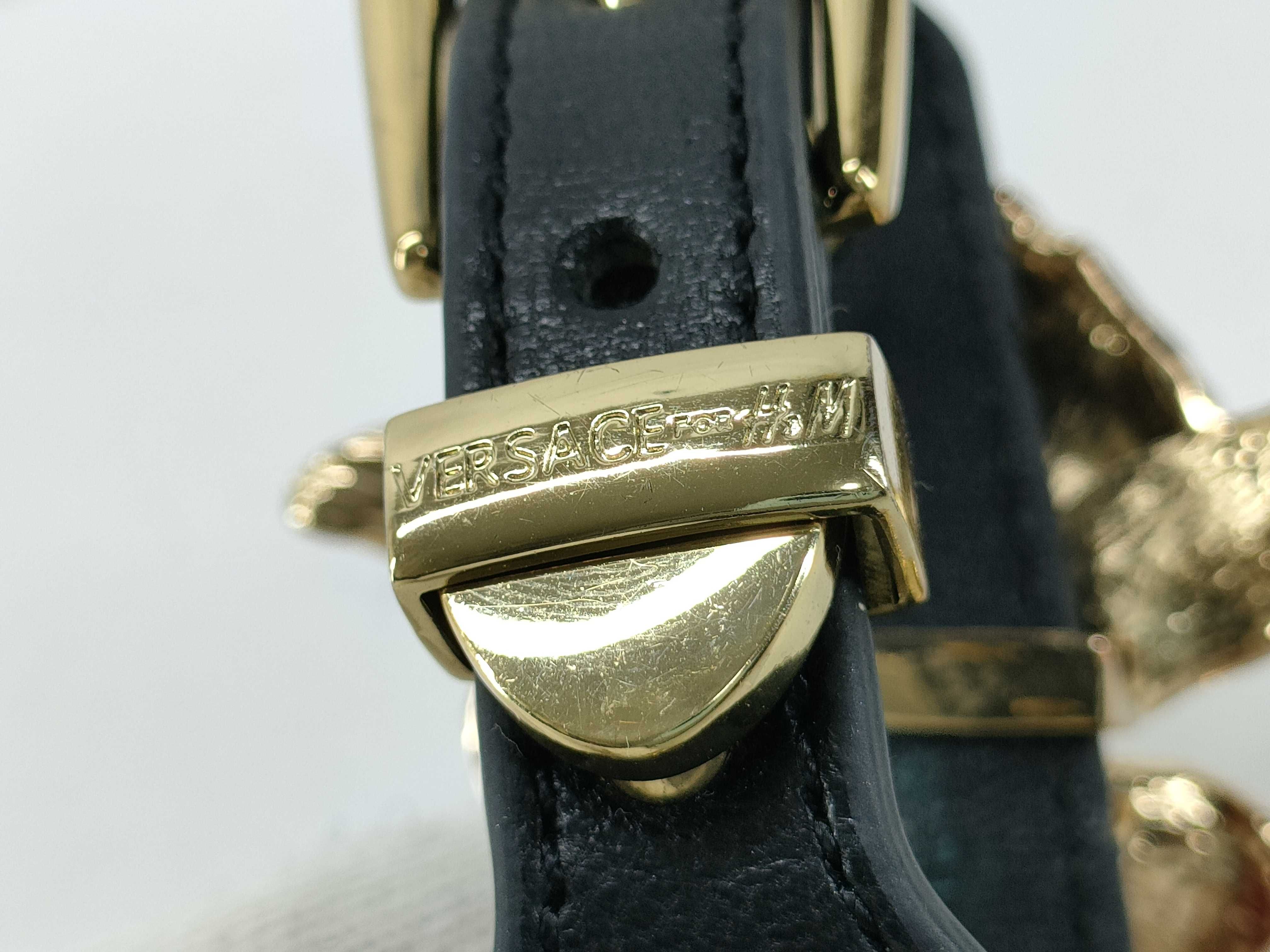 Versace for H&M Black Leather Floral Statement Bracelet with Enamel and Crystals