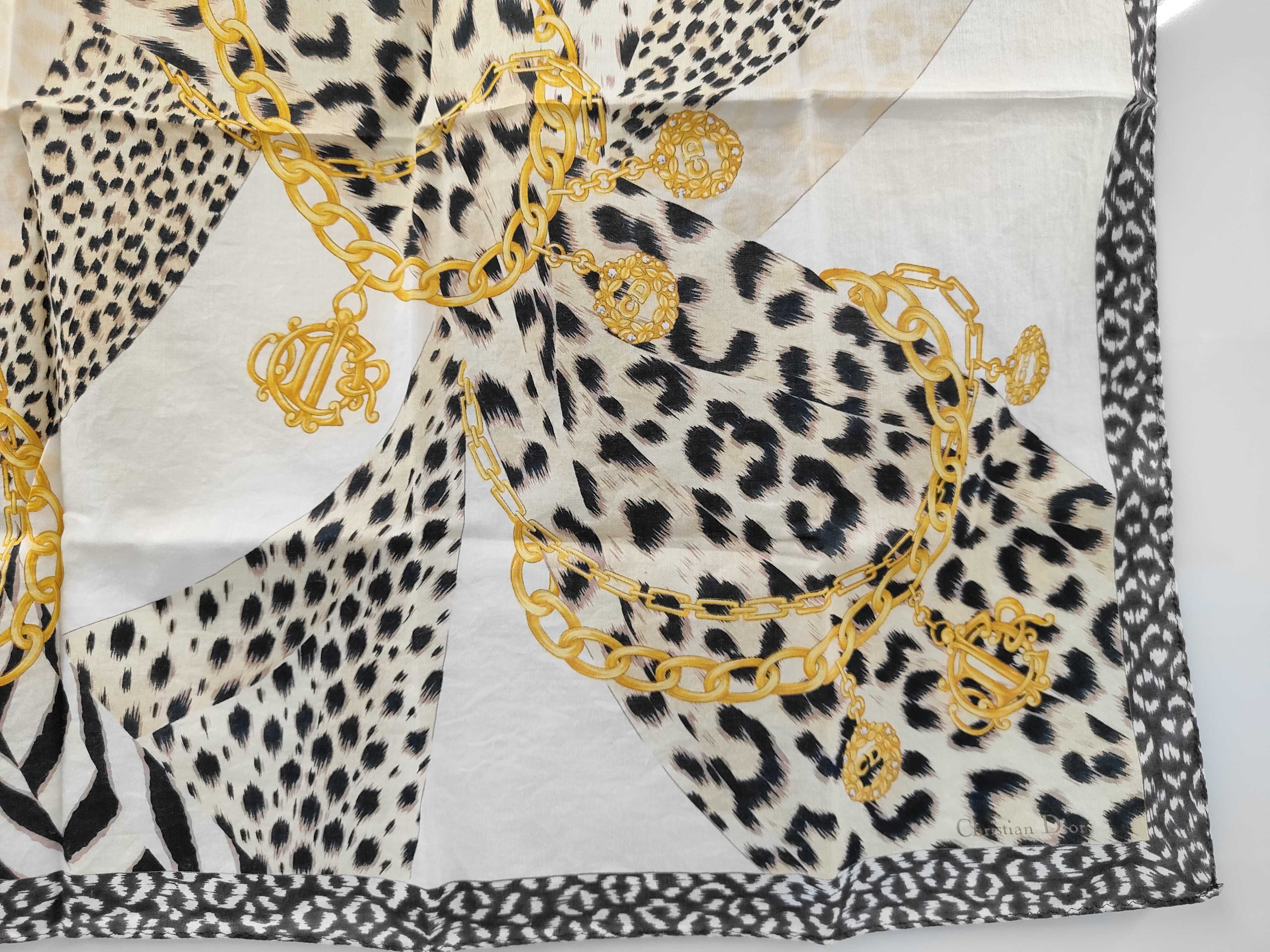 Christian Dior Animal Print and Gold Chain Logo Silk Square Scarf