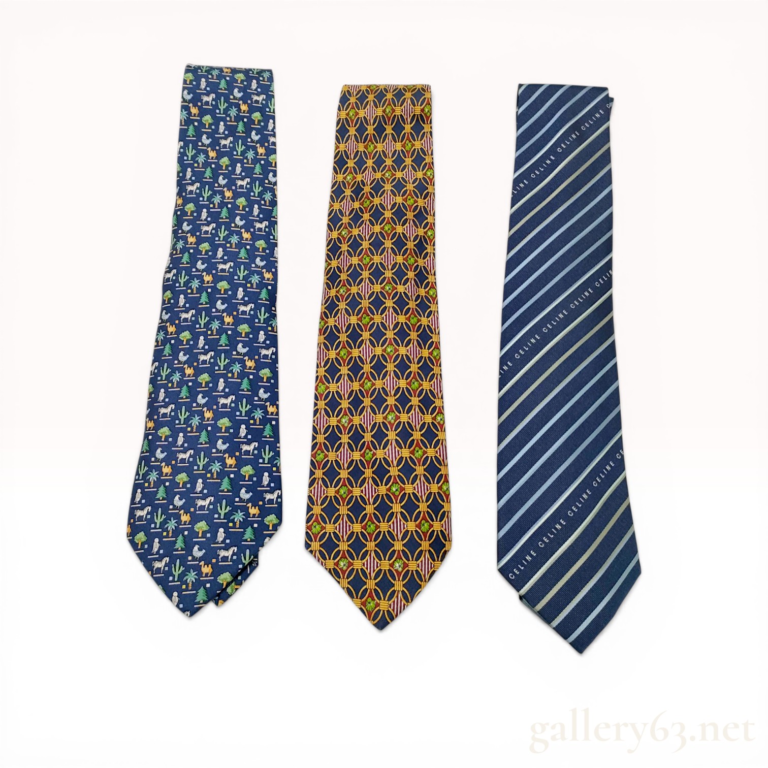 A Trio of Designer Silk Neckties by Salvatore Ferragamo, Christian Dior, and Celine