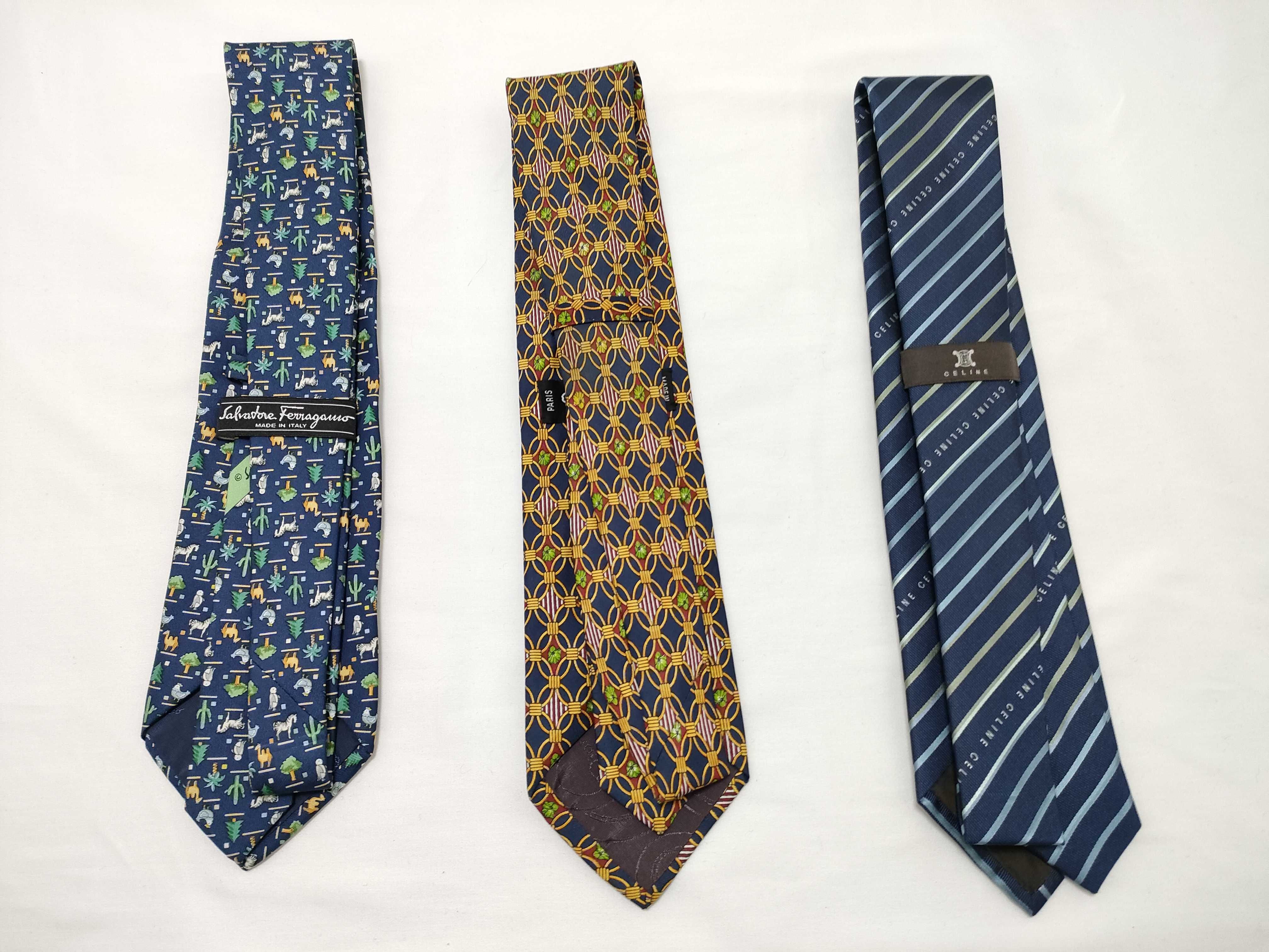 A Trio of Designer Silk Neckties by Salvatore Ferragamo, Christian Dior, and Celine