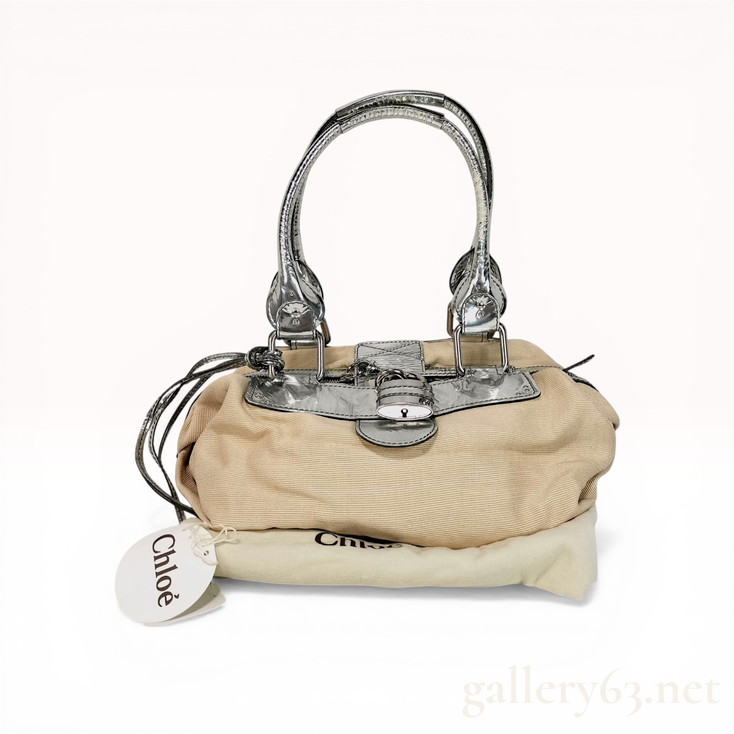 Chloe Paddington Satchel in Beige Canvas and Metallic Silver Leather