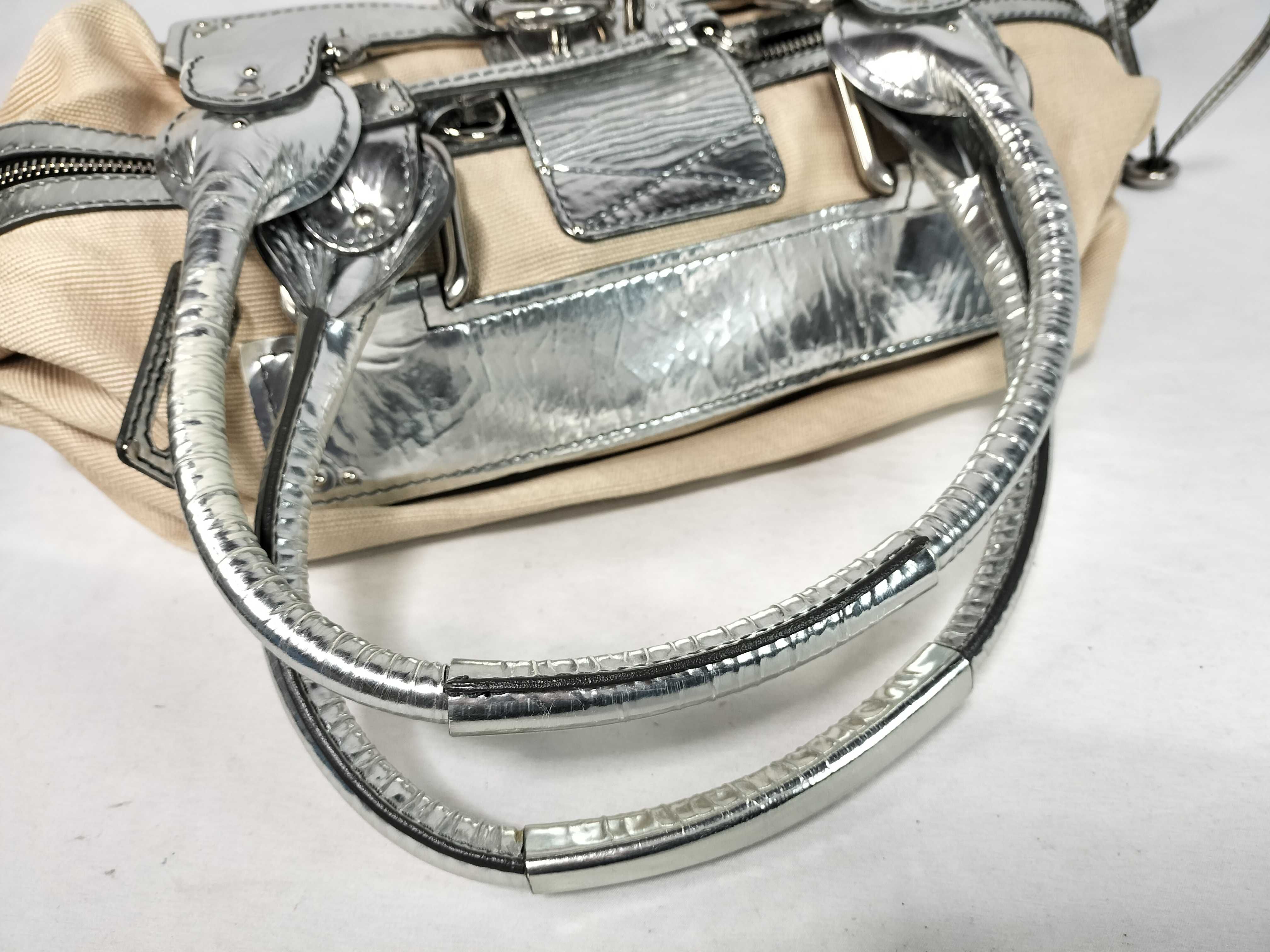 Chloe Paddington Satchel in Beige Canvas and Metallic Silver Leather