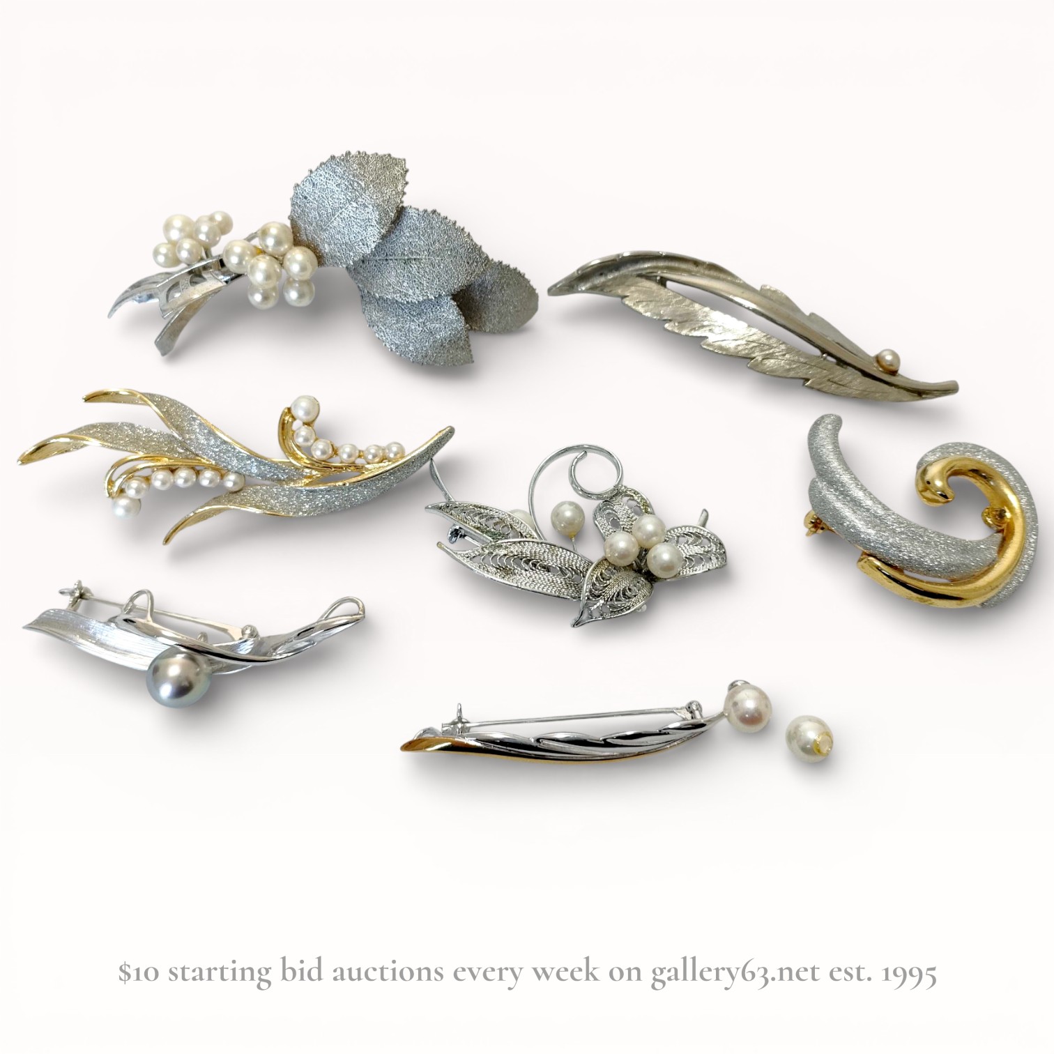 Seven Sterling Silver Vintage and Contemporary Pearl Brooches