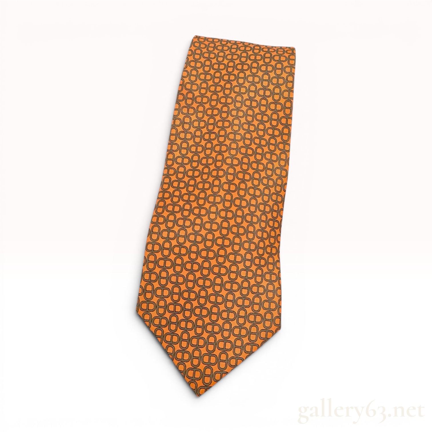 Hermes Orange Silk Chaine d'Ancre Motif Necktie with Owl Print Tipping